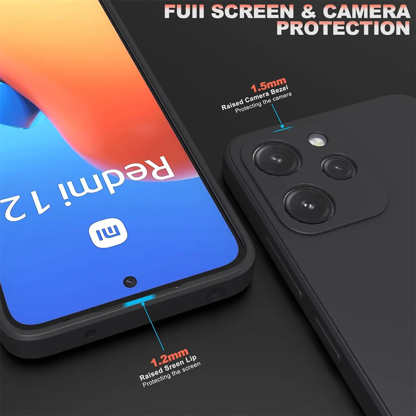Schwarze, matte Silikonhülle für Xiaomi Redmi 12, Nahaufnahme, Rückseite und Bildschirm.