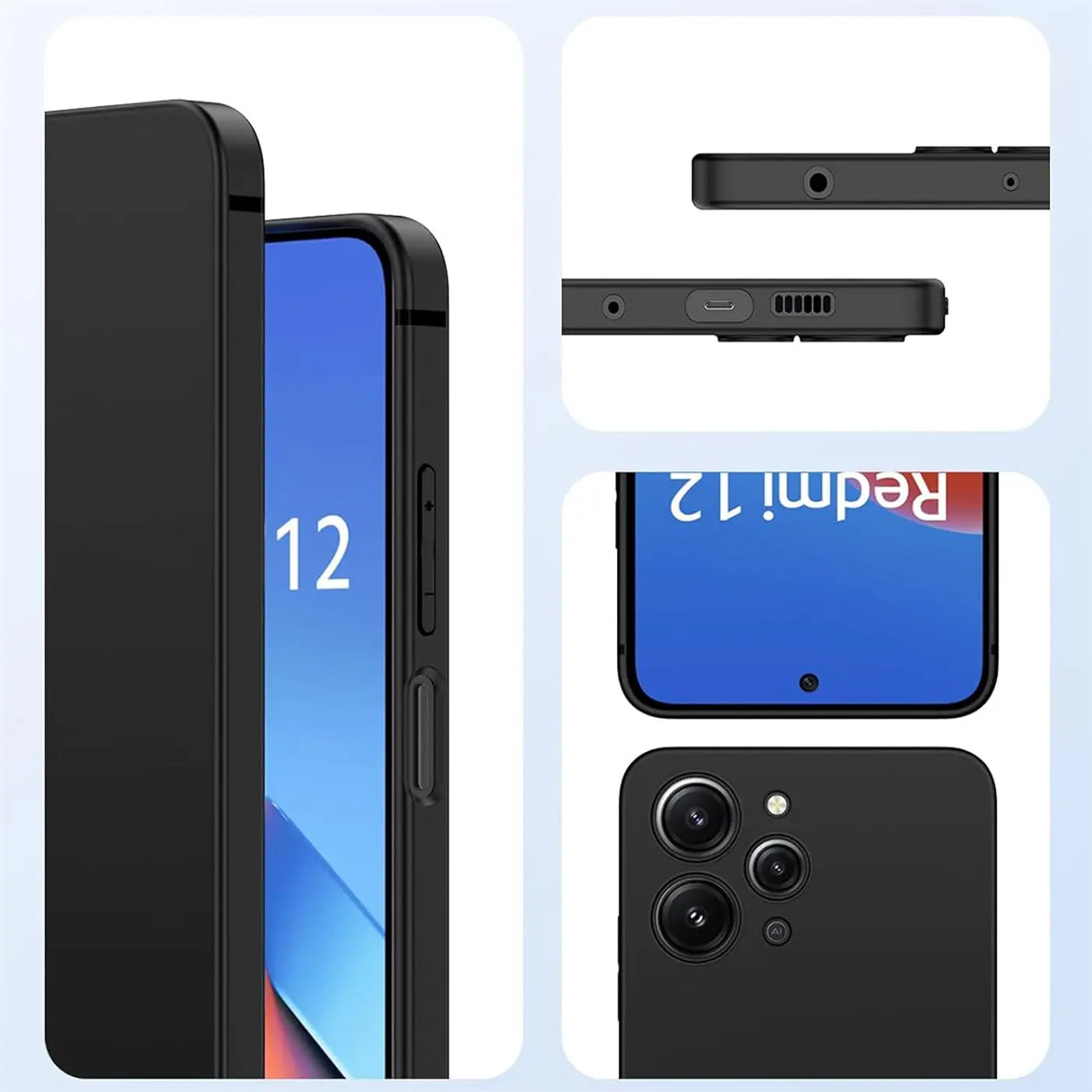 Schwarze Silikonhülle, Seitenansicht, Xiaomi Redmi 12 mit Display.