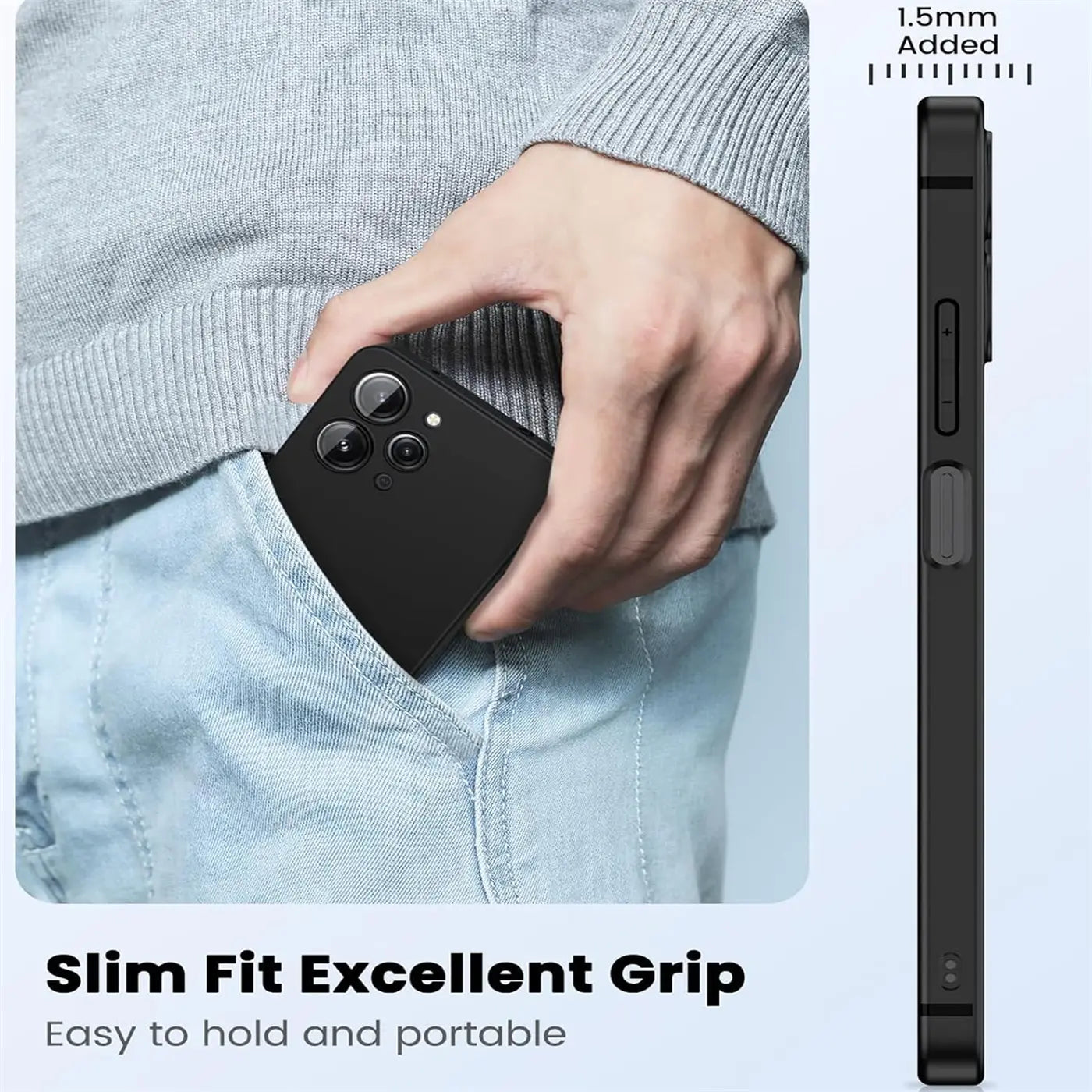 Schwarze, matte Silikonhülle für ein Smartphone, von der Seite und von hinten gezeigt.