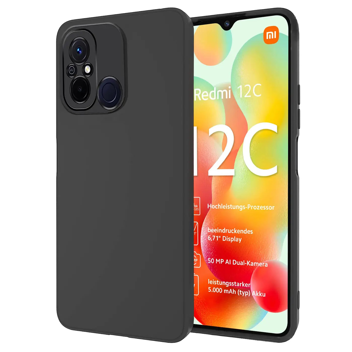 Schwarze Silikonhülle matt, Vorder- und Rückseite sichtbar, Xiaomi Redmi 12C.