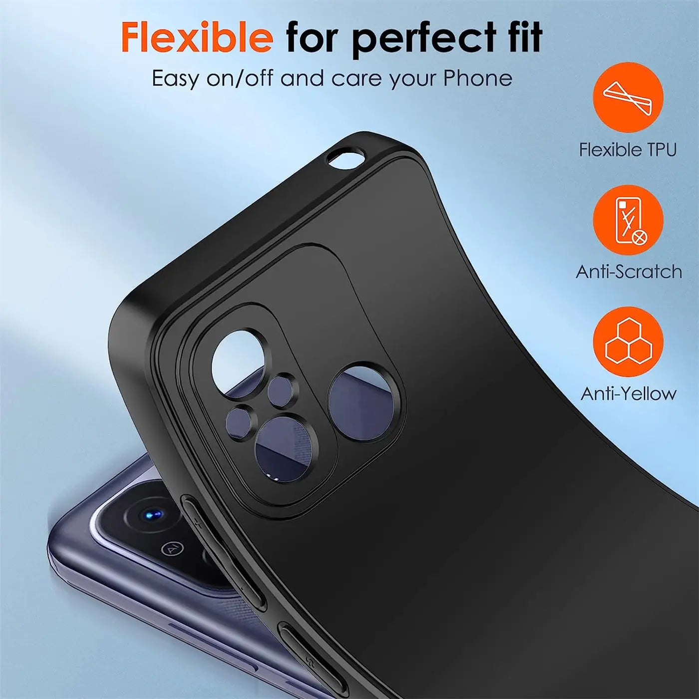 Schwarze Silikonhülle für Xiaomi Redmi 12C, matt, von schräg oben