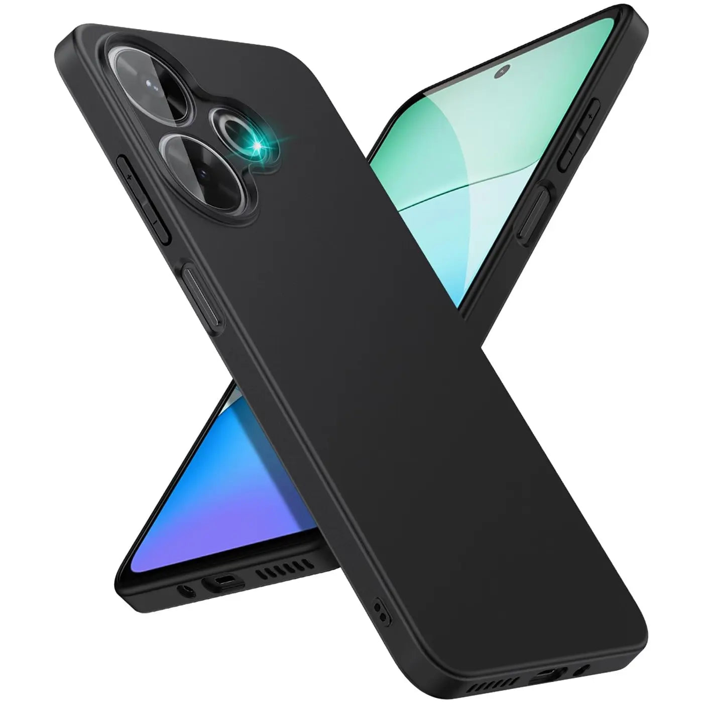 Schwarze Silikonhülle, matt, schräg von vorne links, Xiaomi Redmi 13.