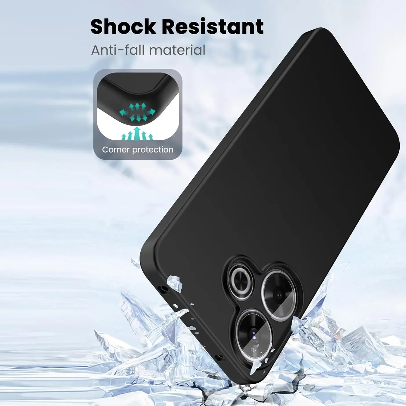 Schwarze, matte Silikonhülle für Xiaomi Redmi 13, von schräg oben, mit Kameraschutz.