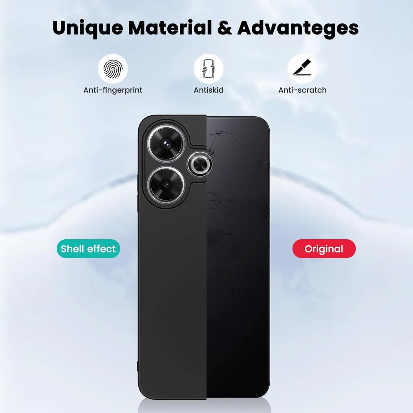 Schwarze Silikonhülle für Xiaomi Redmi 13, matt, Rückansicht.