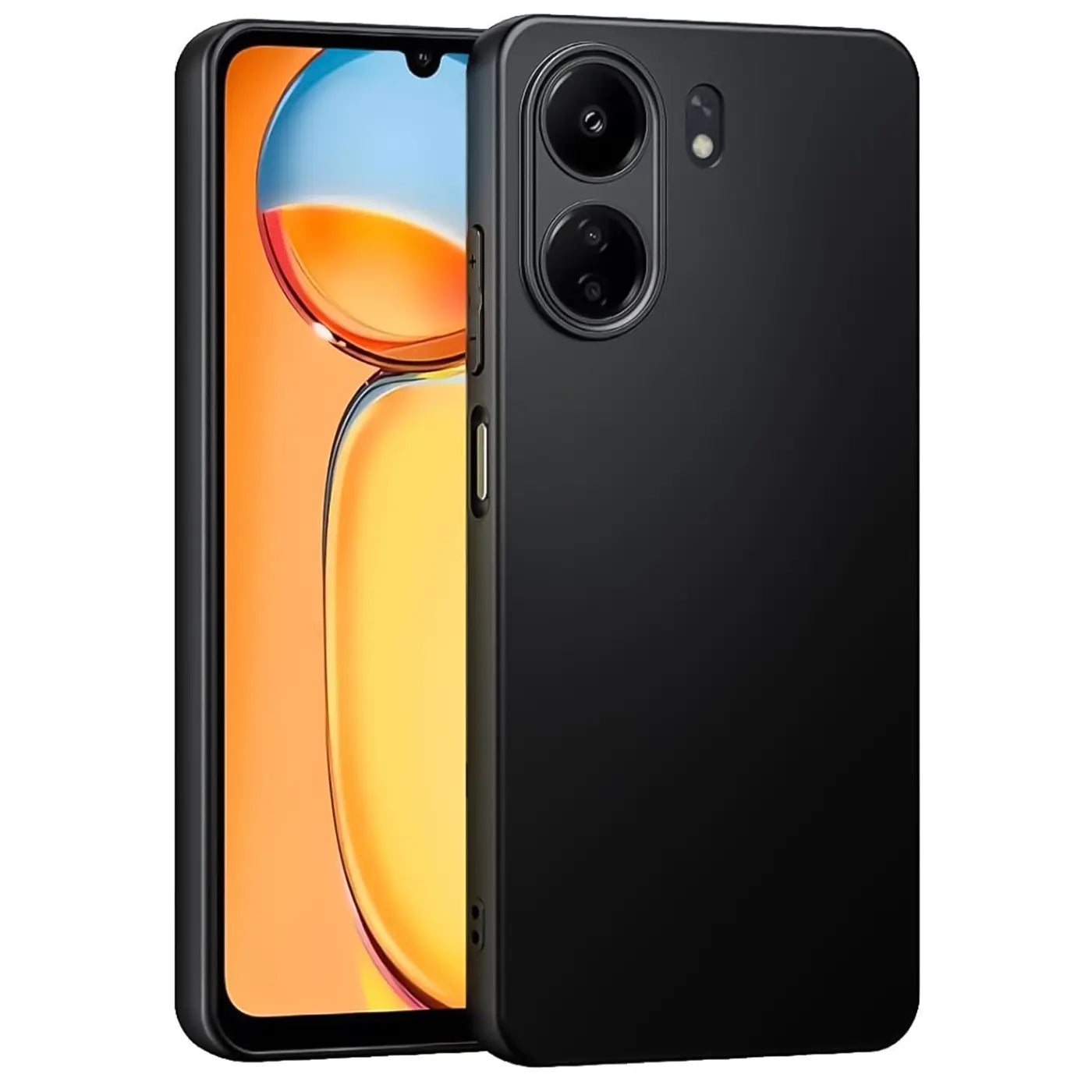 Schwarze matte Silikonhülle auf einem Xiaomi Redmi 13C, von schräg vorne