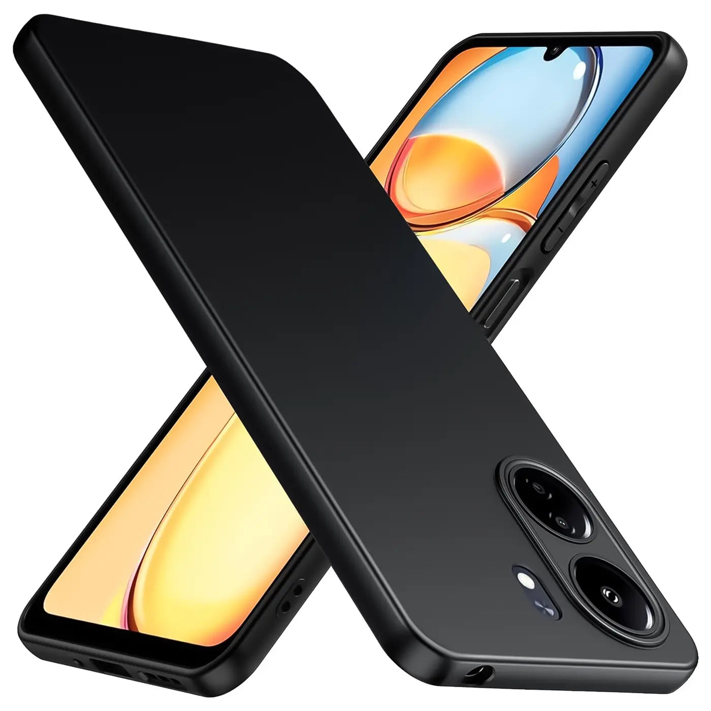 Schwarze, matte Silikonhülle für Xiaomi Redmi 13C, von schräg oben fotografiert.