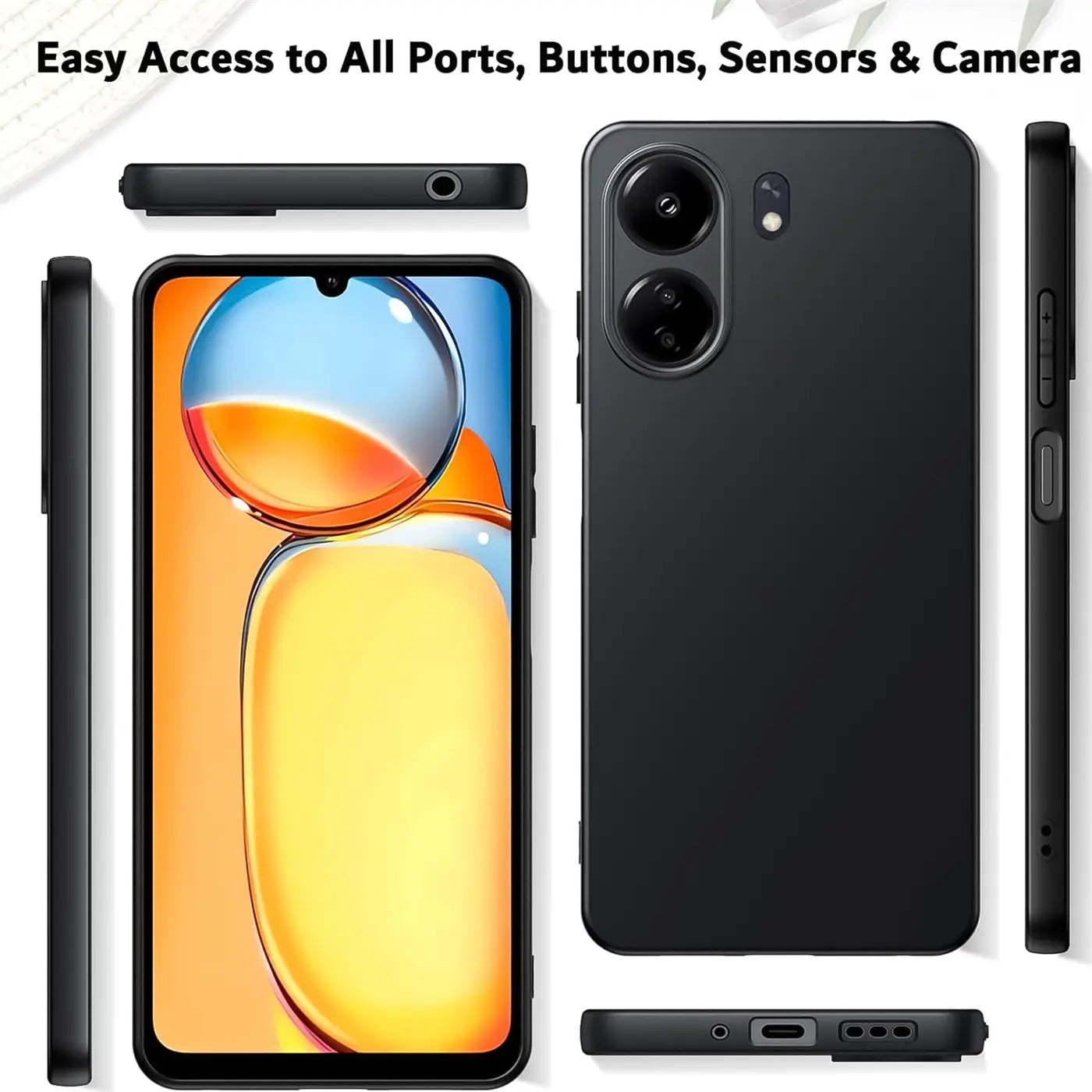 Schwarze matte Silikonhülle für Xiaomi Redmi 13C, verschiedene Ansichten.