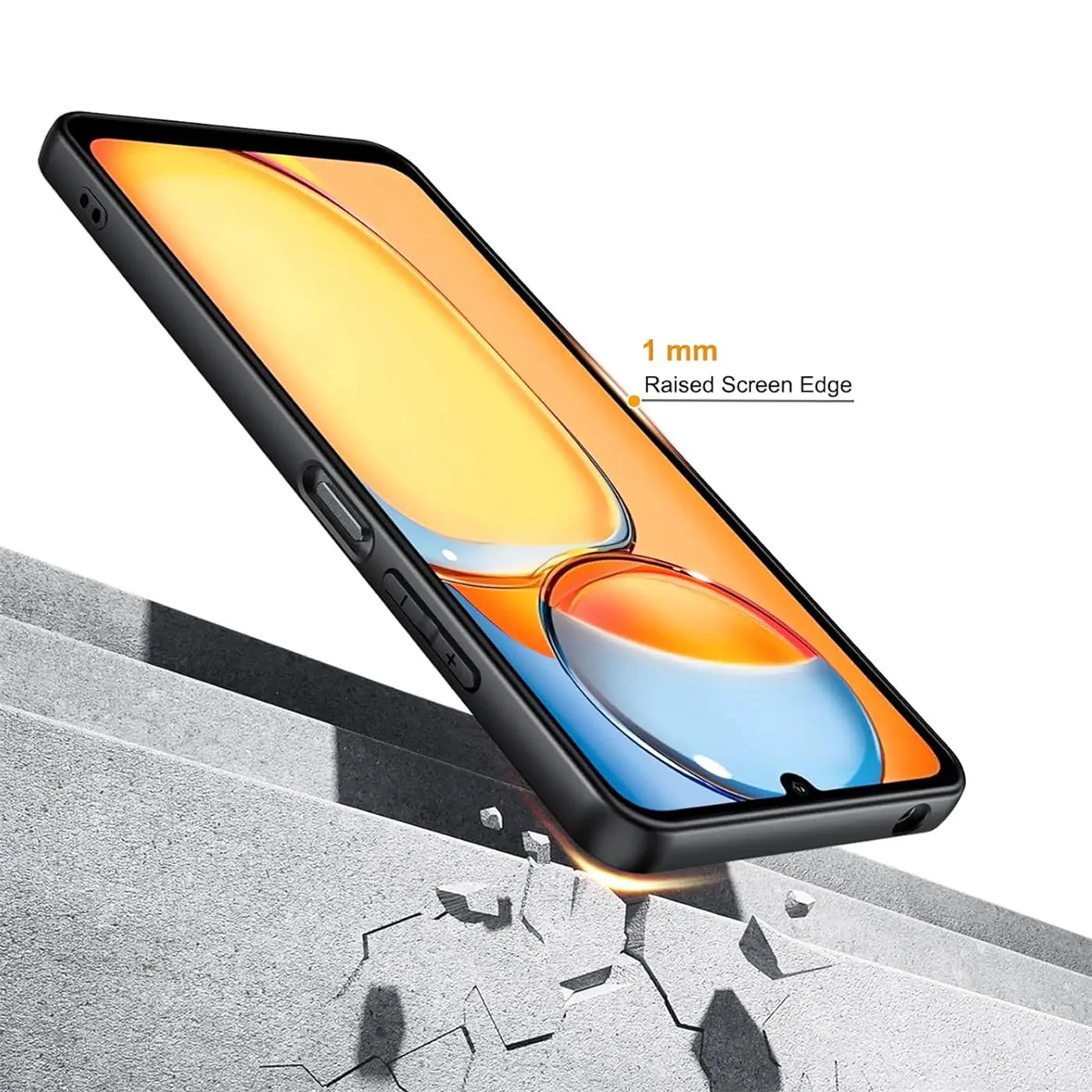 Schwarze Silikonhülle für Xiaomi Redmi 13C, von oben schräg, mit erhöhtem Bildschirmrand.