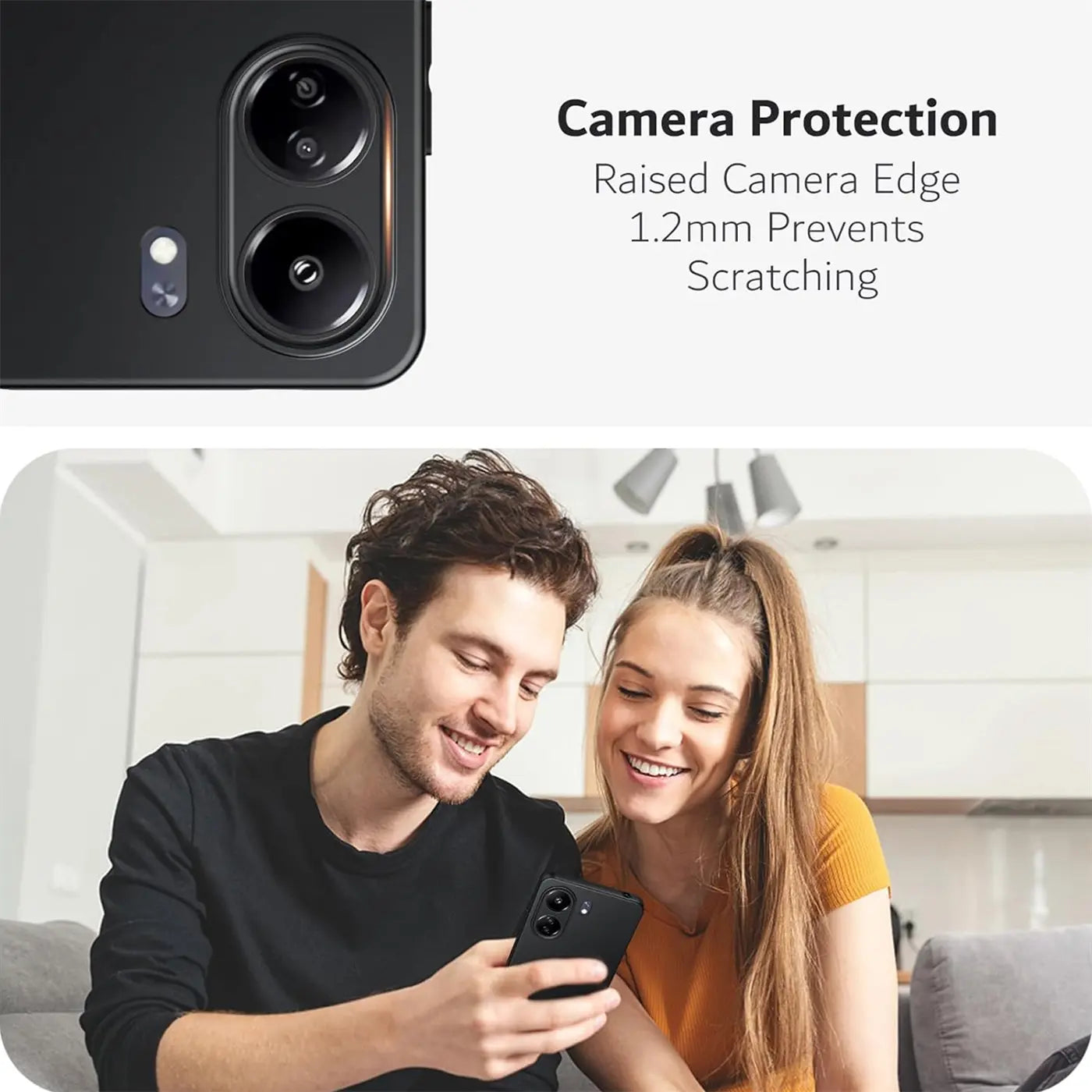 Schwarzes Silikon-Handygehäuse mit Kameraausschnitt, von vorne, auf einem Xiaomi Redmi 13C.