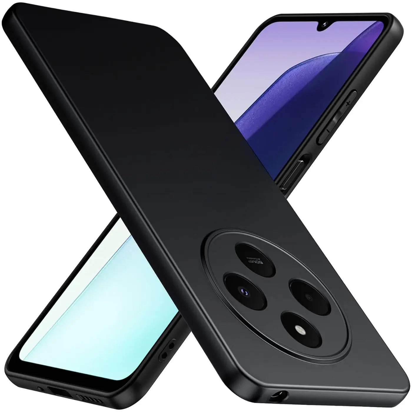 Schwarze matte Silikonhülle für Xiaomi Redmi 14C, von schräg oben, mit Kamera-Aussparung.