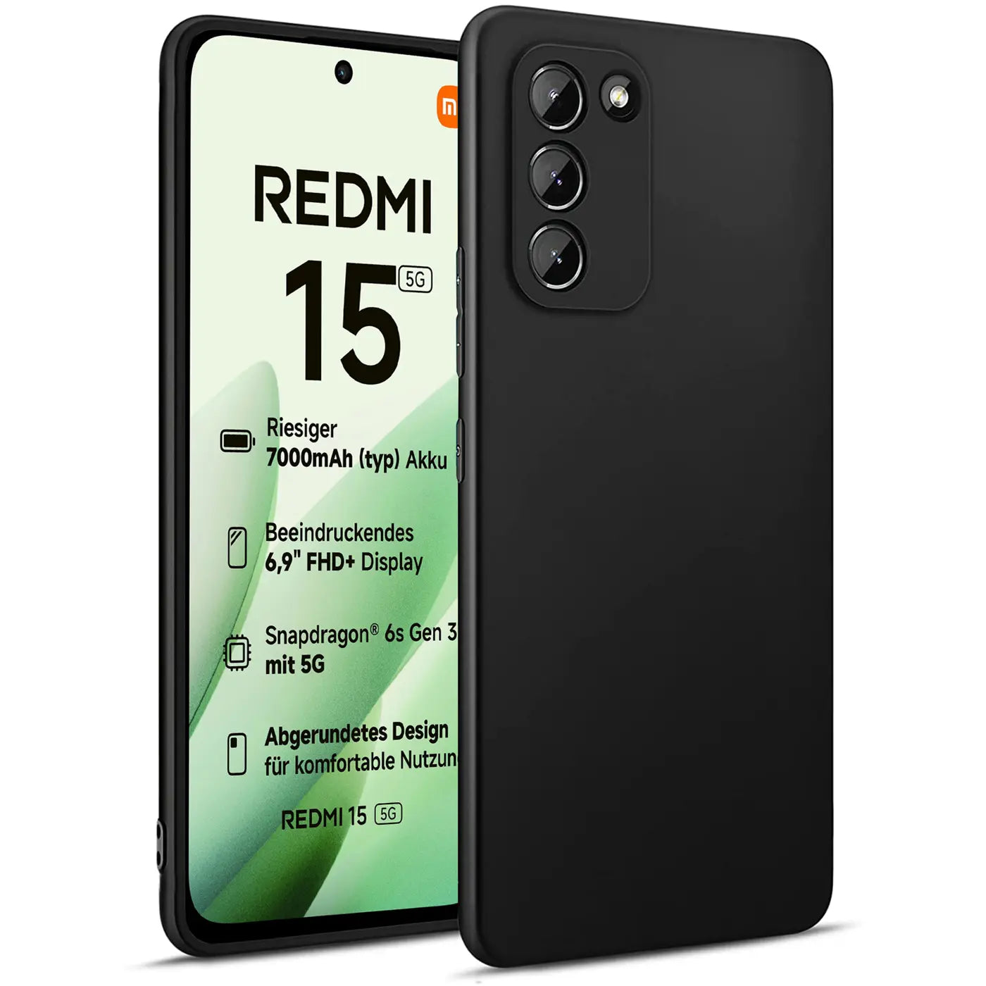 Schwarze Silikonhülle für Xiaomi Redmi 15 5G, matt, von vorne/seitlich