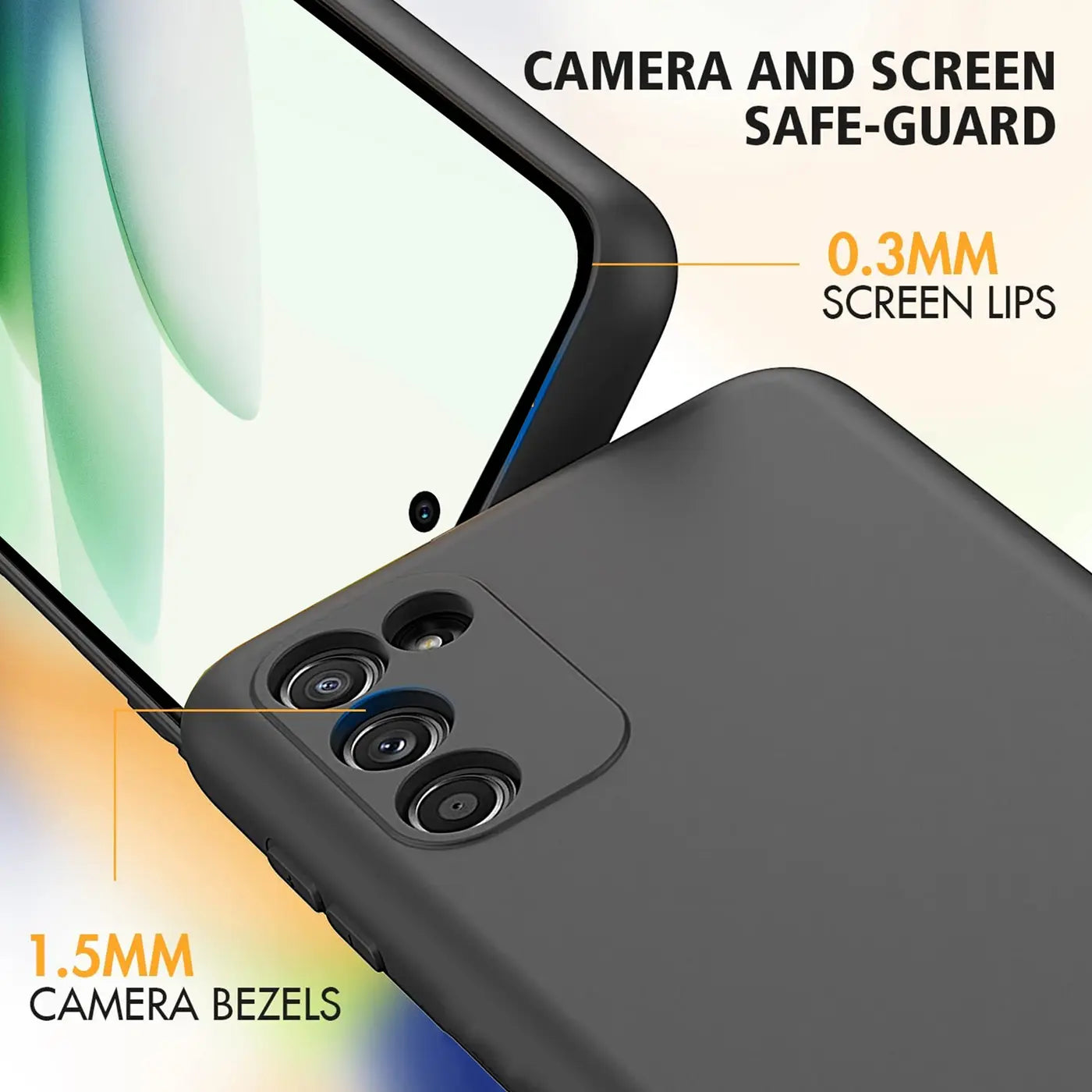 Schwarze, matte Silikonhülle für ein Smartphone, Nahaufnahme der Kamera und des Bildschirms.