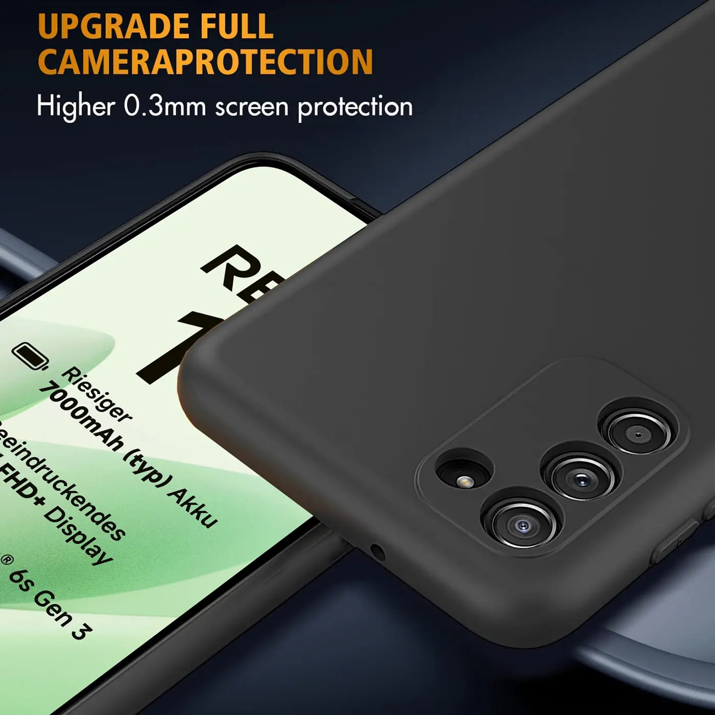 Schwarze matte Silikonhülle auf einem Smartphone mit drei Kameras, von schräg oben.