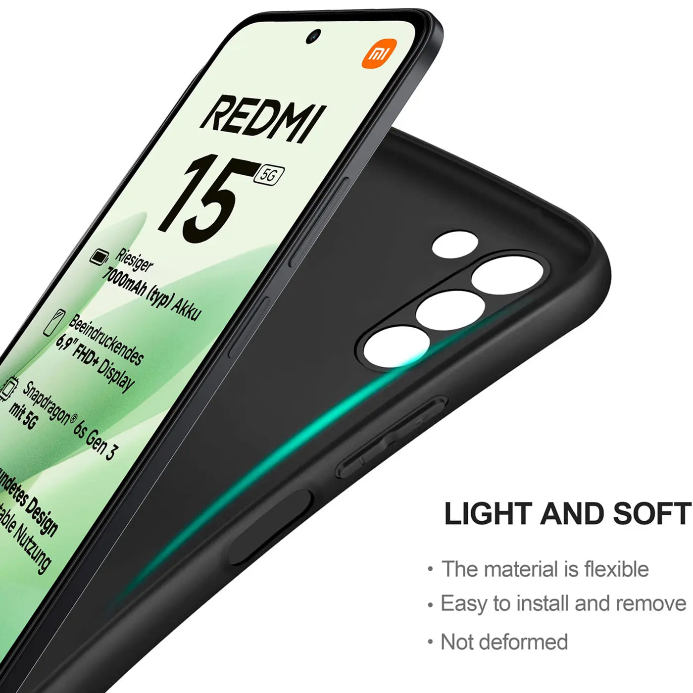 Schwarze, matte Silikonhülle für Xiaomi Redmi 15 5G, von schräg oben gezeigt.