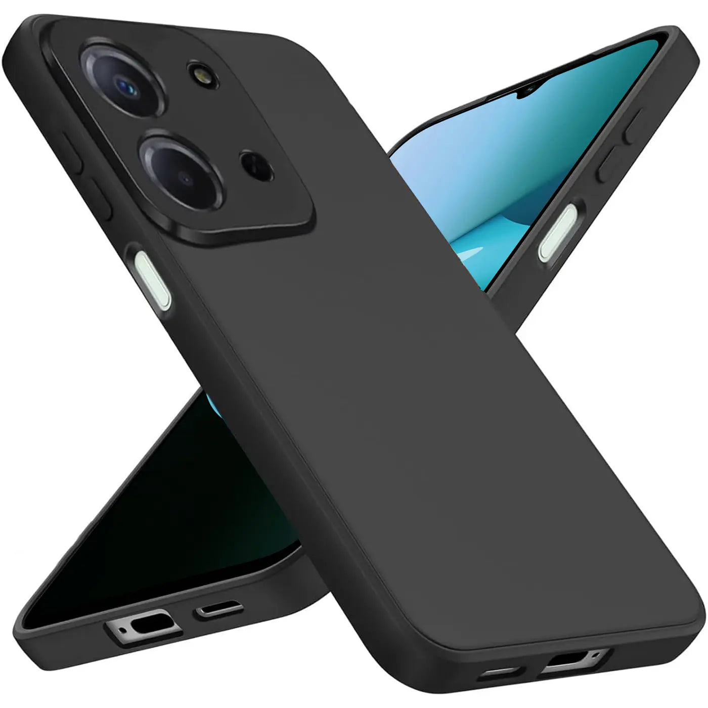 Schwarze, matte Silikonhülle für Xiaomi Redmi 15C, von schräg oben, mit zwei Geräten.