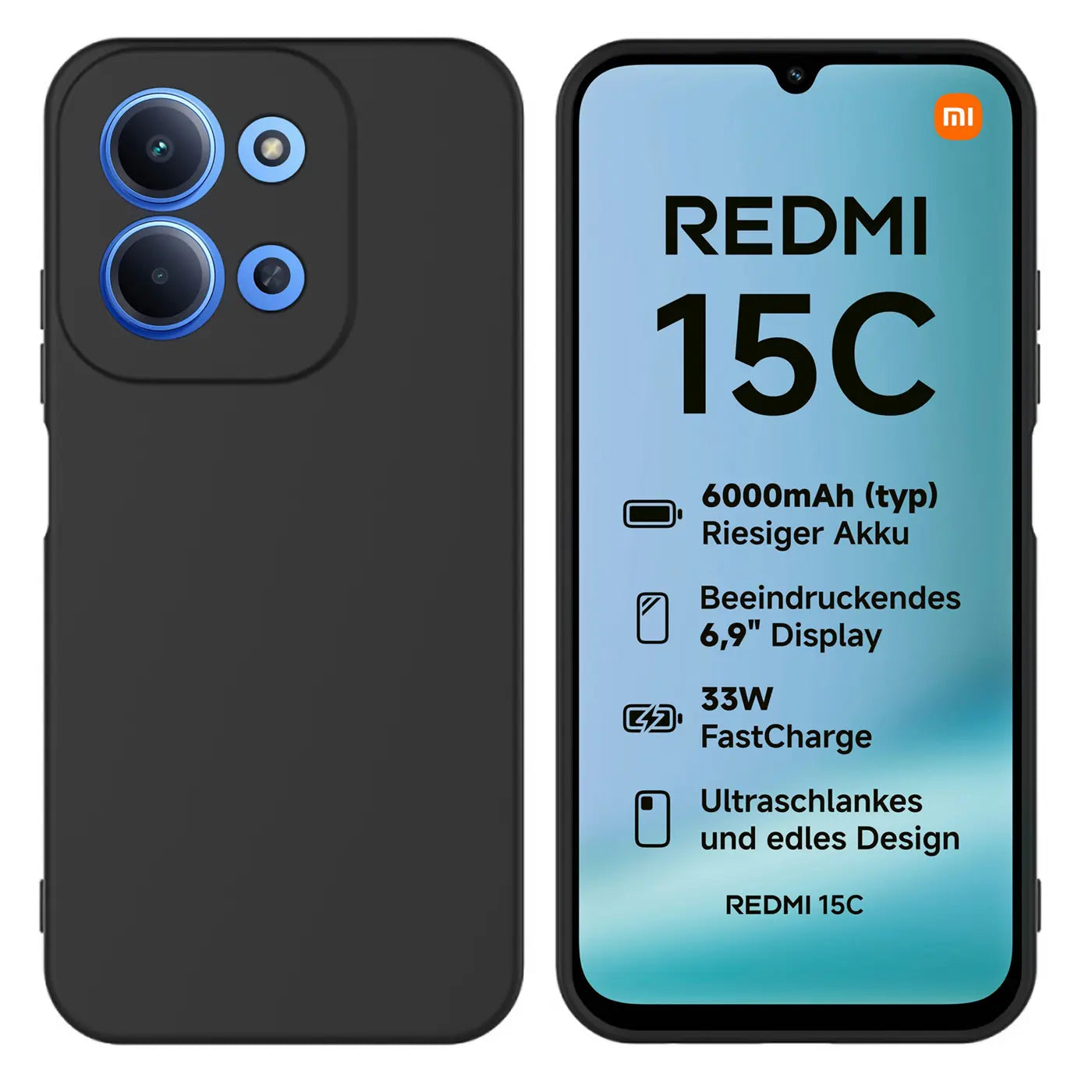 Schwarze Silikonhülle, Rückseite und Vorderseite eines Xiaomi Redmi 15C mit Spezifikationen.
