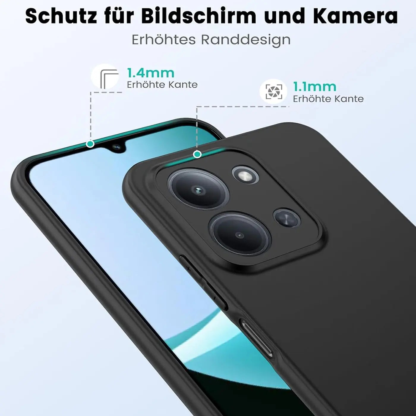 Schwarze Silikonhülle auf Xiaomi Redmi 15C, Nahaufnahme, erhöhte Kanten.