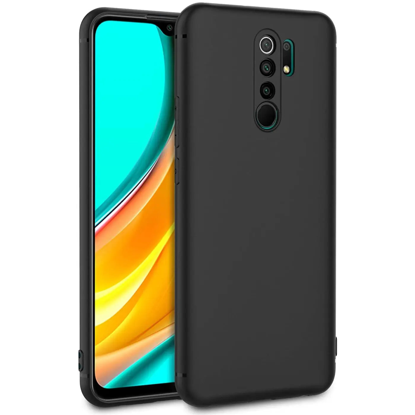 Schwarze matte Silikonhülle für Xiaomi Redmi 9, von vorne links gezeigt.