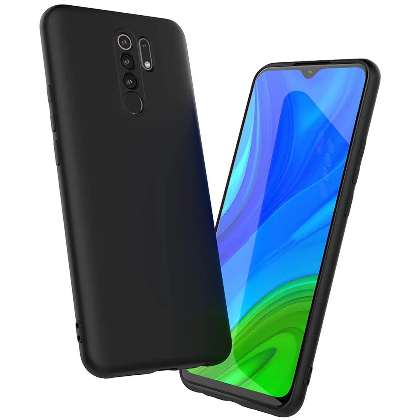 Schwarze matte Silikonhülle für Xiaomi Redmi 9, von hinten und vorne gezeigt.