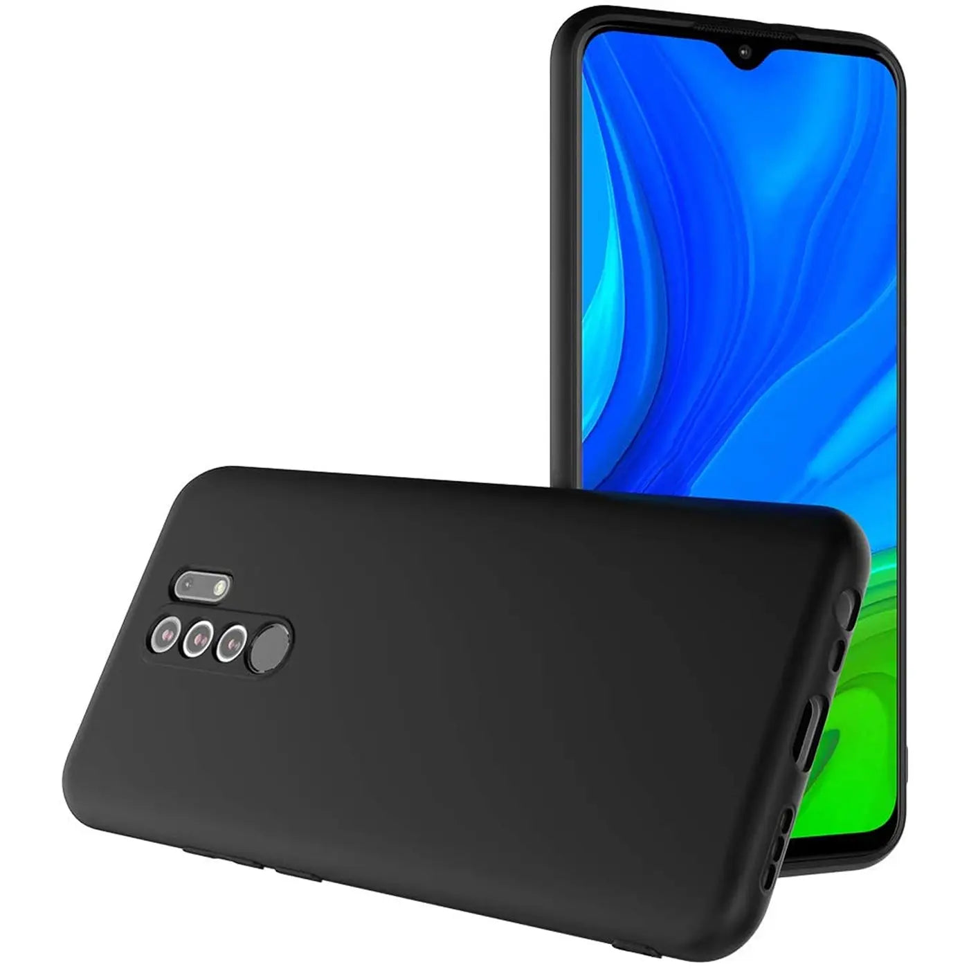 Schwarze Silikonhülle für Xiaomi Redmi 9, Rückansicht, matt.