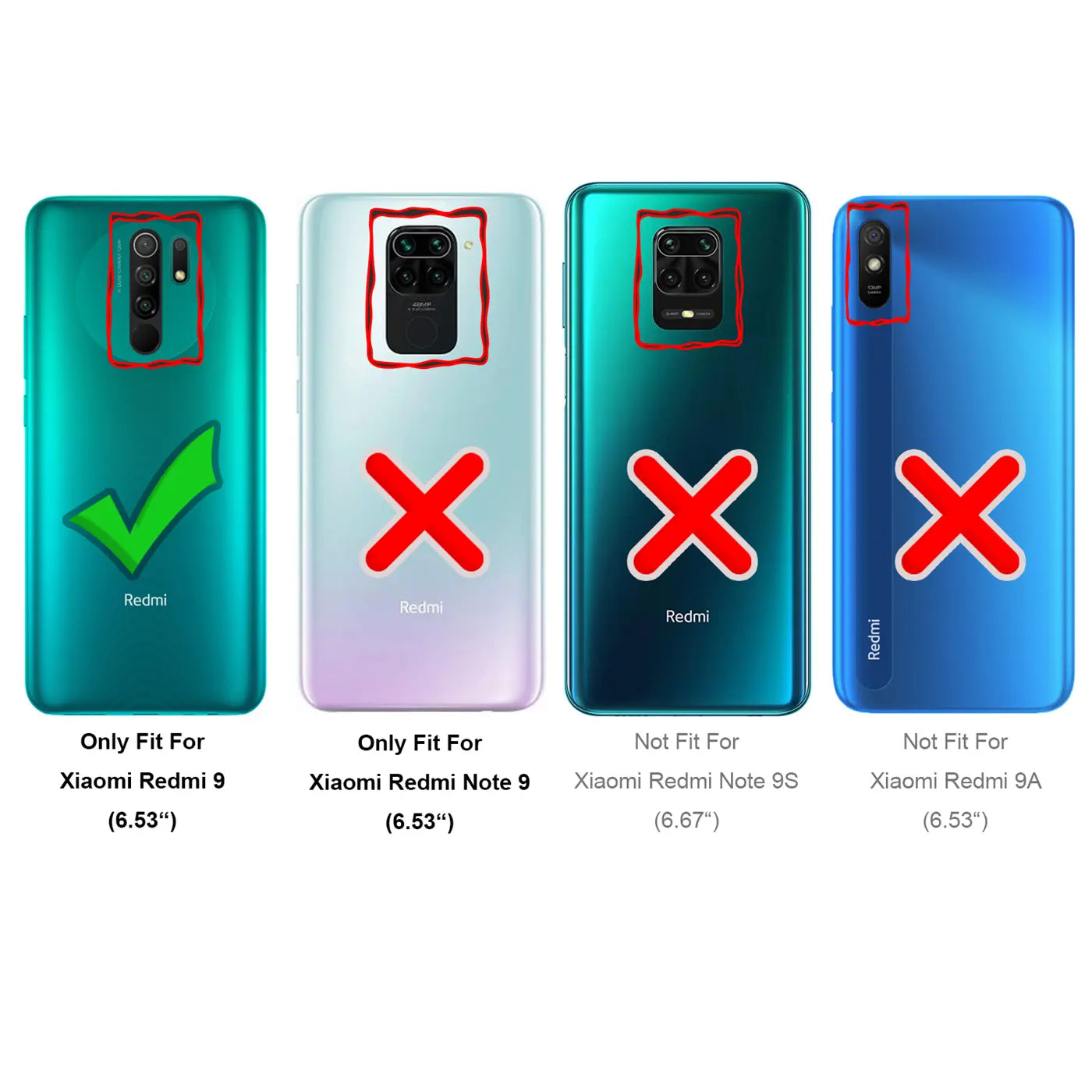 Vier Rückseiten von Smartphones, drei mit rotem X, eins mit grünem Haken. Xiaomi Redmi 9.