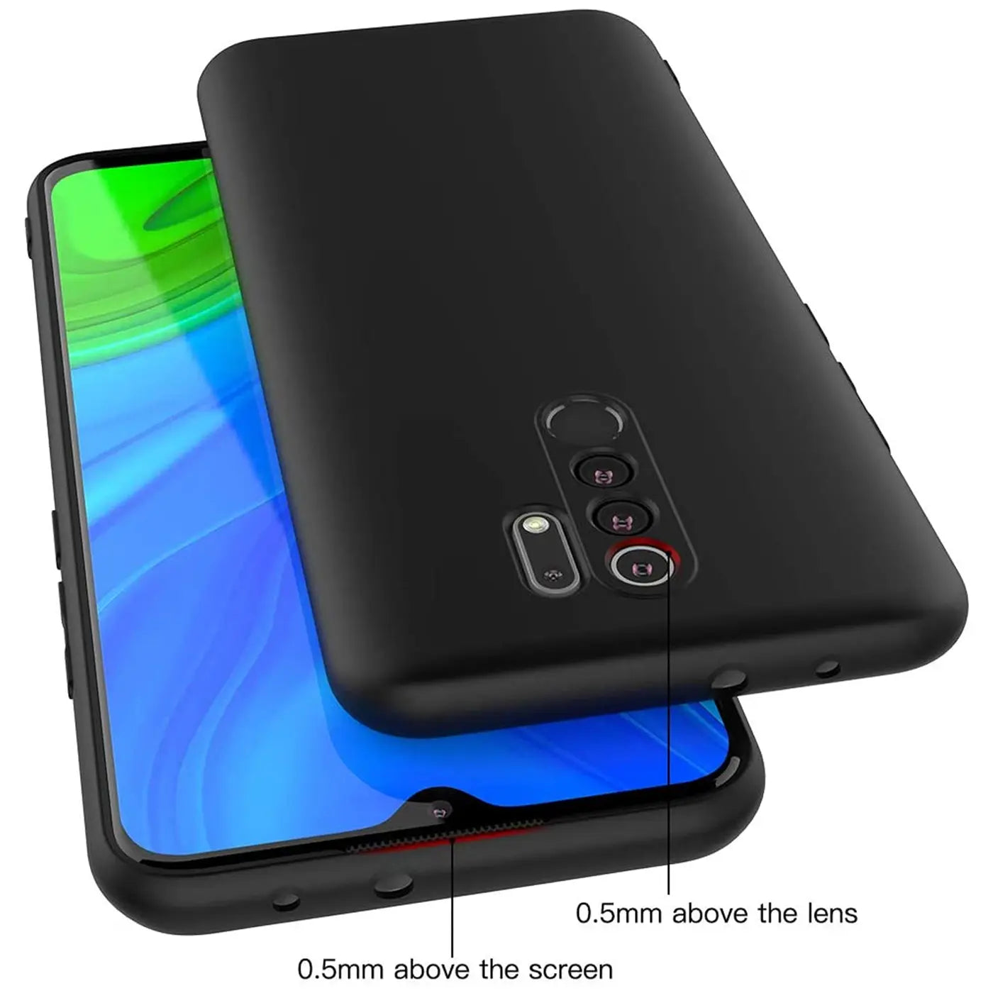 Schwarze Silikonhülle für Xiaomi Redmi 9, von oben, matt, mit Ausschnitten.