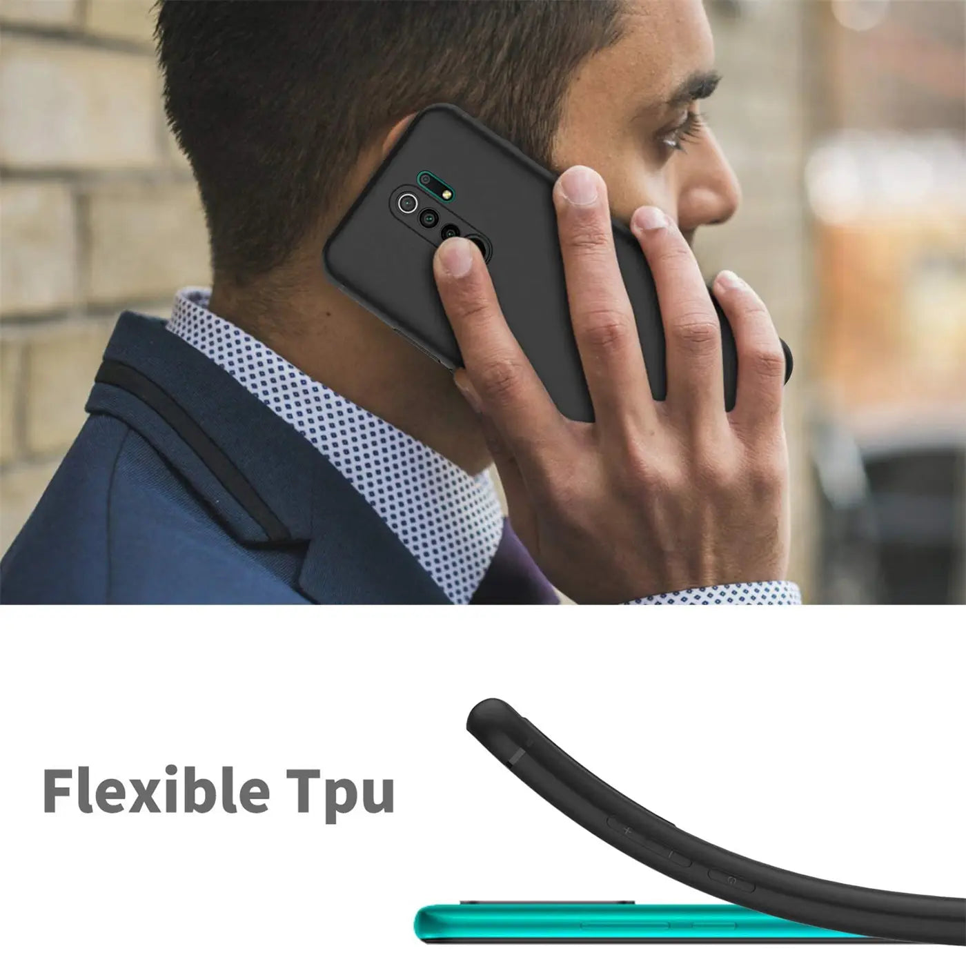 Schwarze, matte Silikonhülle für Xiaomi Redmi 9, von der Seite gezeigt.