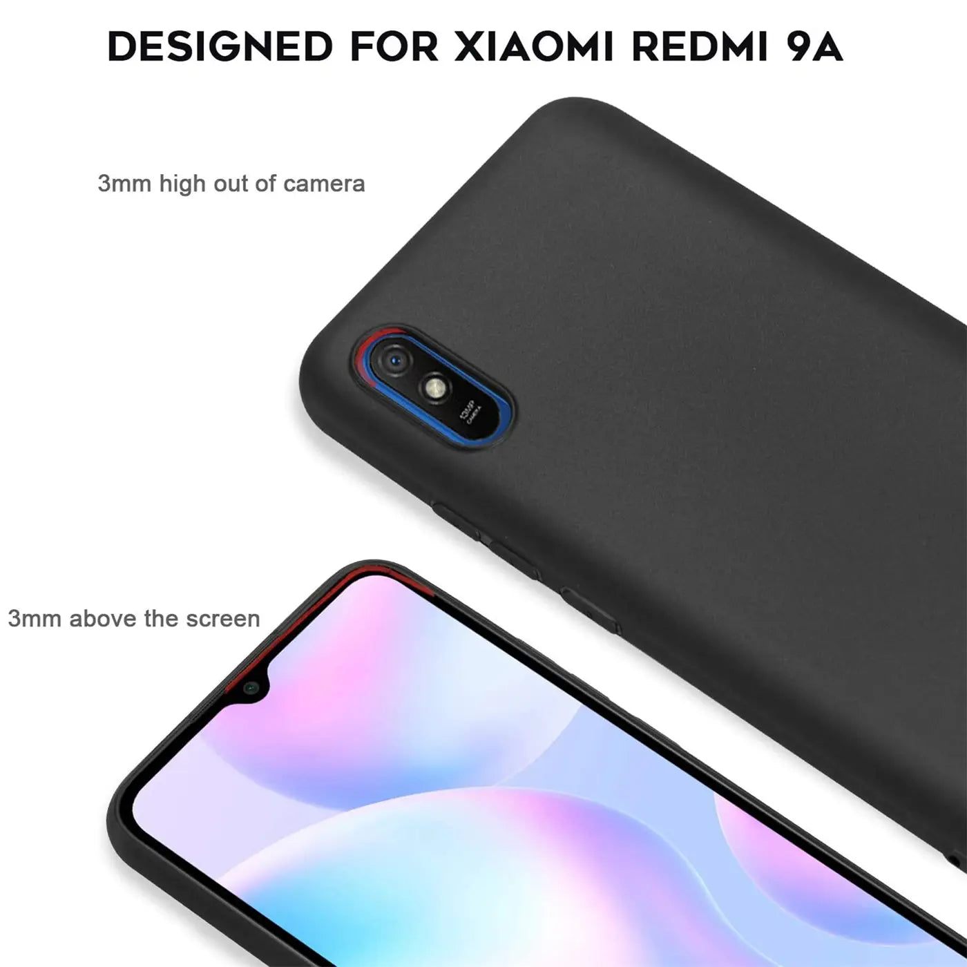 Schwarze Silikonhülle für Xiaomi Redmi 9A, Rückseite und Display von oben