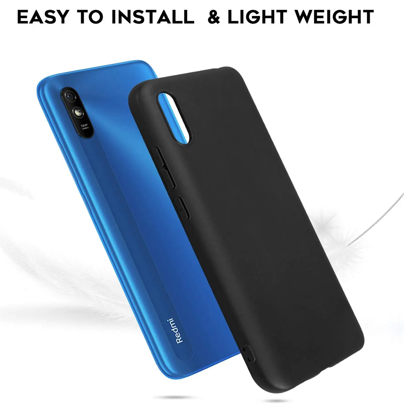 Schwarze Silikonhülle neben blauem Xiaomi Redmi 9A, von schräg oben