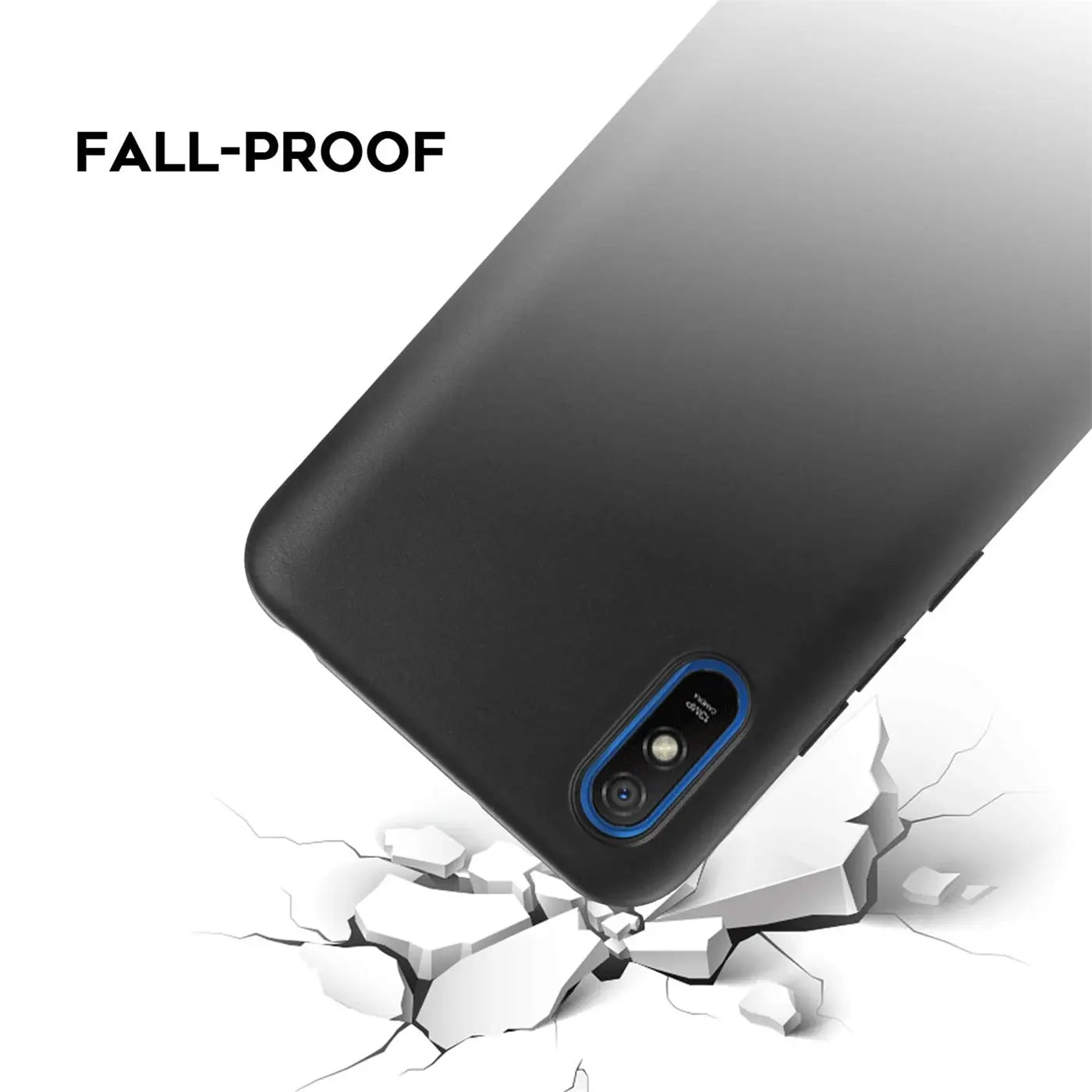 Schwarze matte Silikonhülle auf Xiaomi Redmi 9A, Nahaufnahme von unten, Fall-Proof-Effekt.
