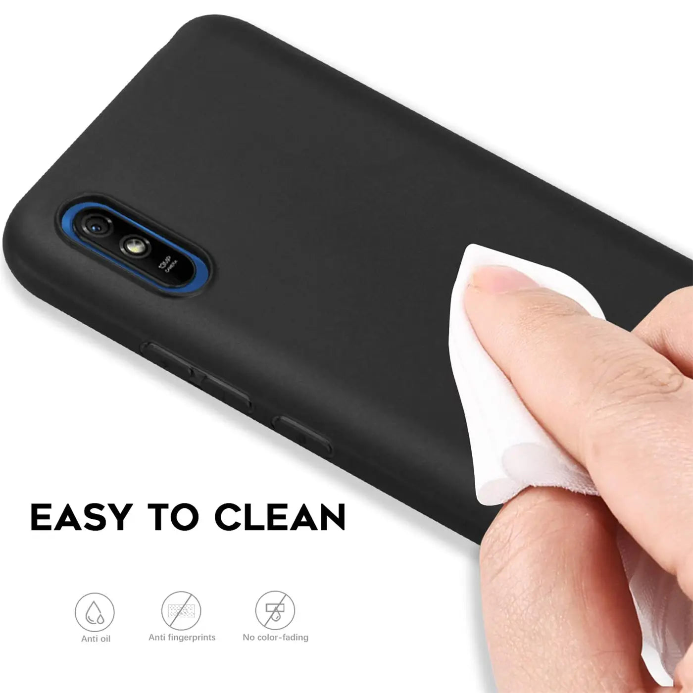 Schwarze Silikonhülle für Xiaomi Redmi 9A, von oben rechts, mit Tuch gereinigt.