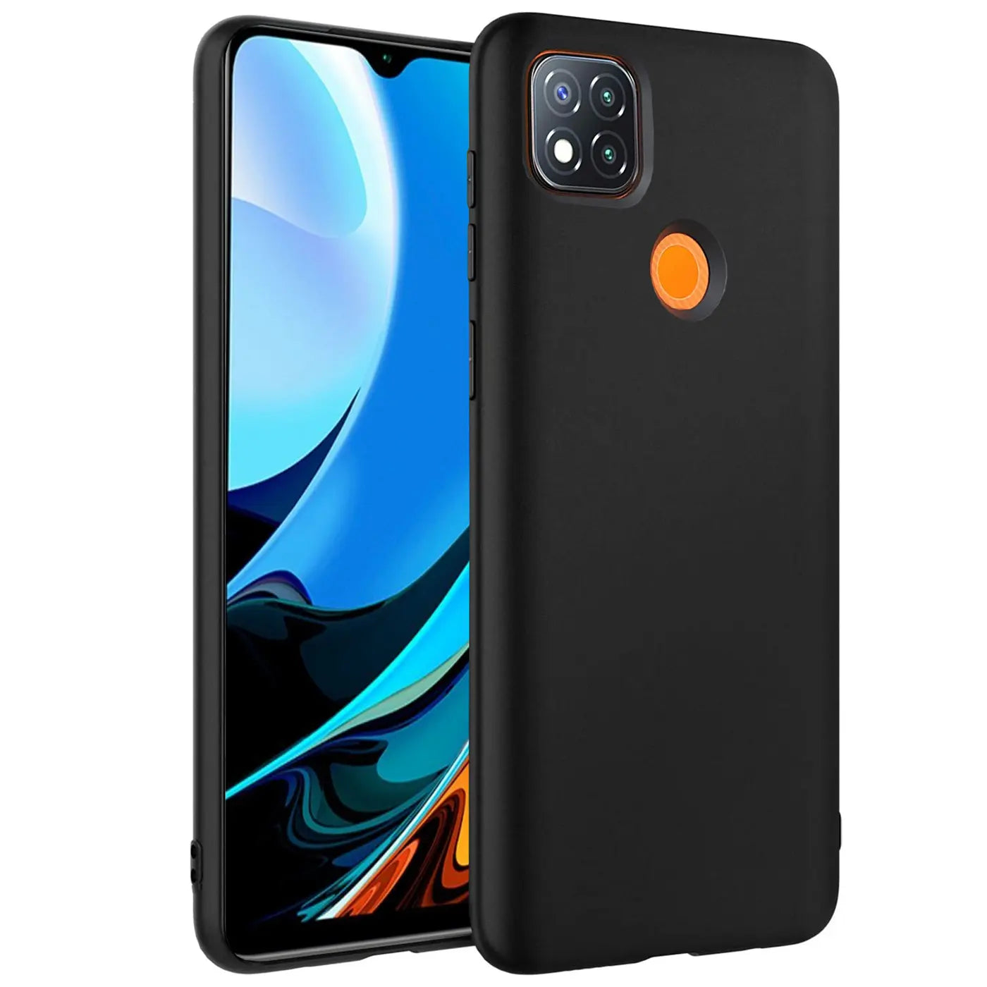 Schwarze Silikonhülle matt für Xiaomi Redmi 9C, von vorne links, mit Fingerabdrucksensor.