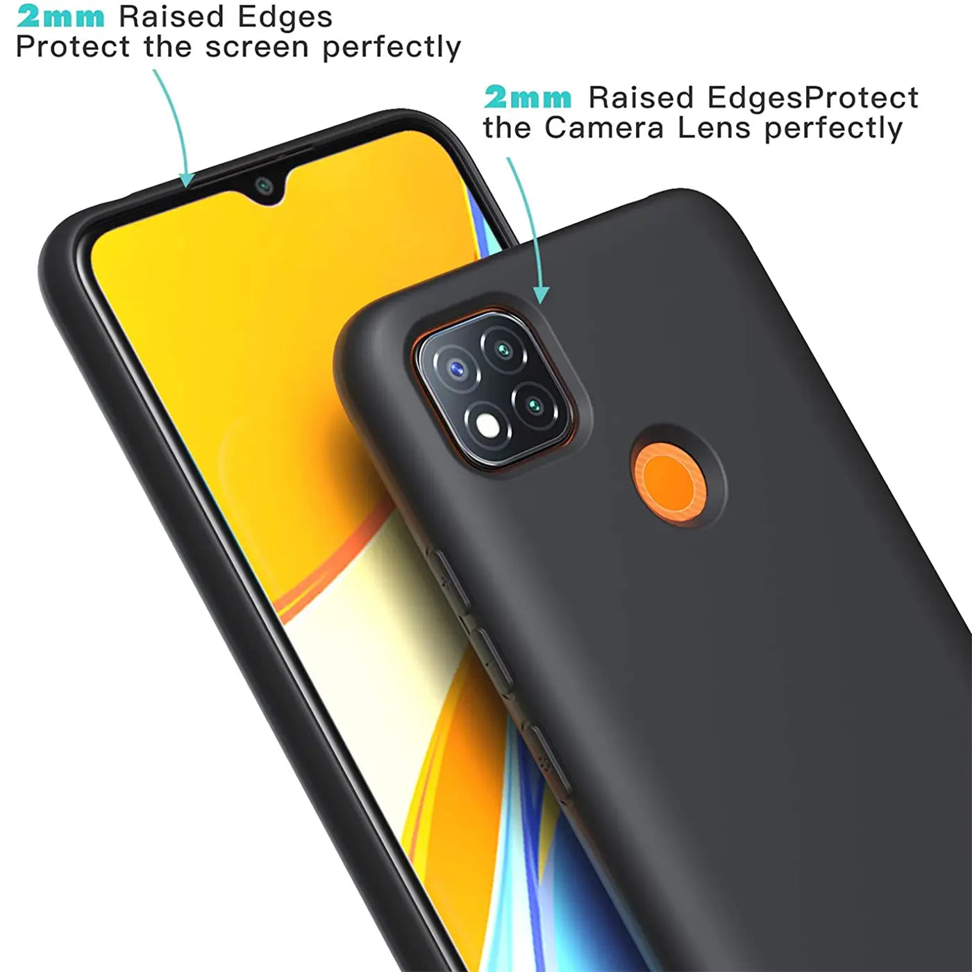 Schwarze, matte Silikonhülle auf einem Xiaomi Redmi 9C, von schräg oben fotografiert.