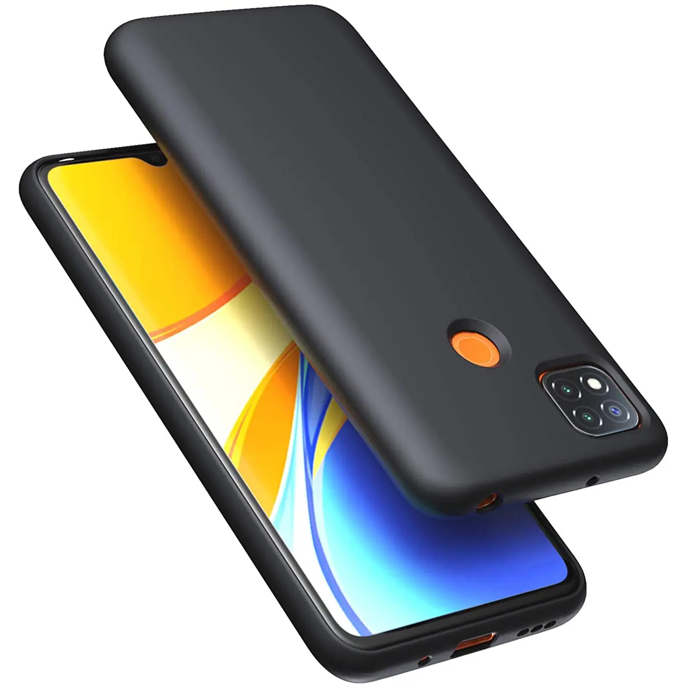 Schwarze Silikonhülle auf Xiaomi Redmi 9C, Rückansicht, matt.