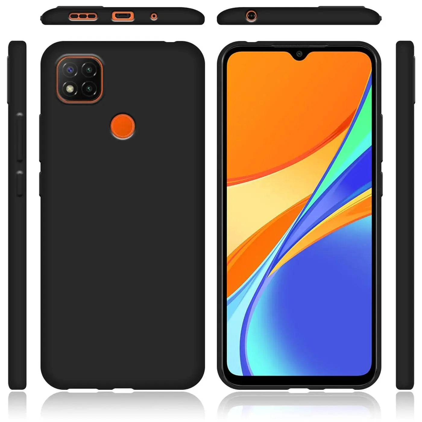 Schwarze Silikonhülle für Xiaomi Redmi 9C, matt, verschiedene Ansichten.