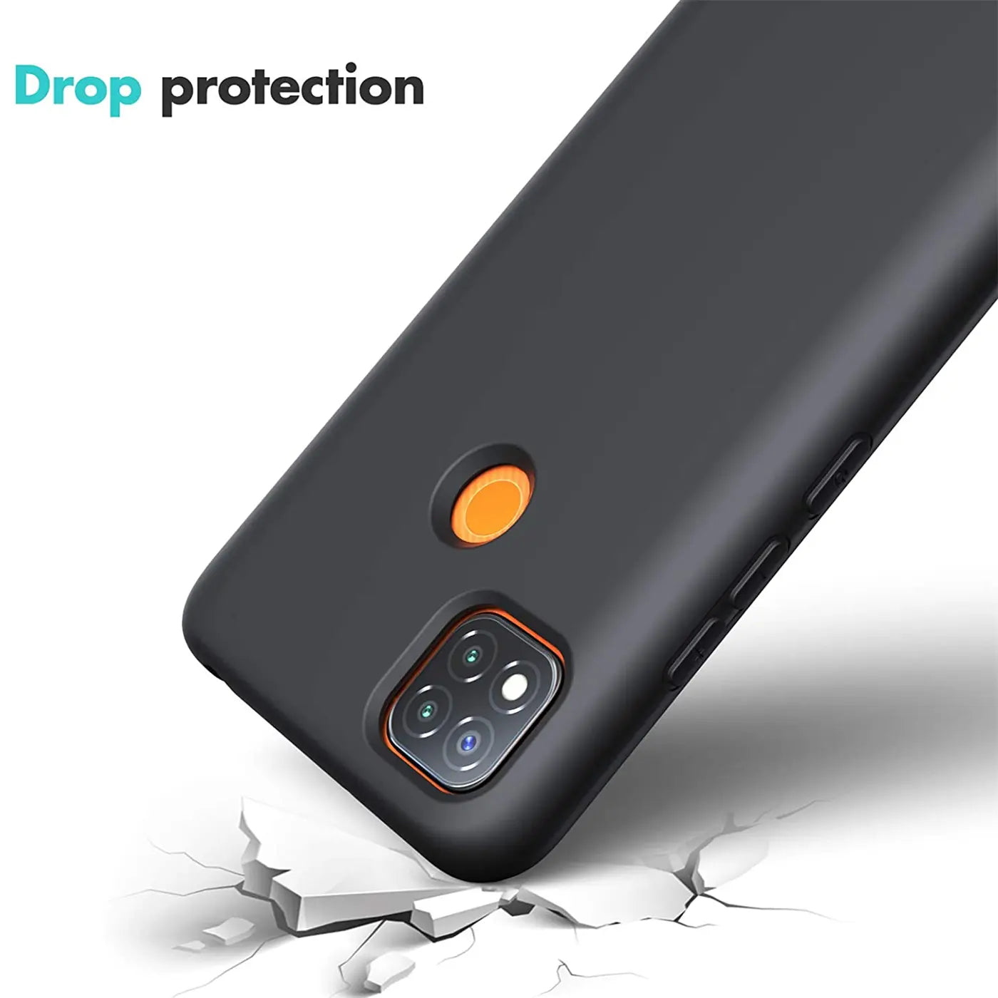 Schwarze Silikonhülle matt, Rückansicht, Xiaomi Redmi 9C mit Kamera und Fingerabdrucksensor.
