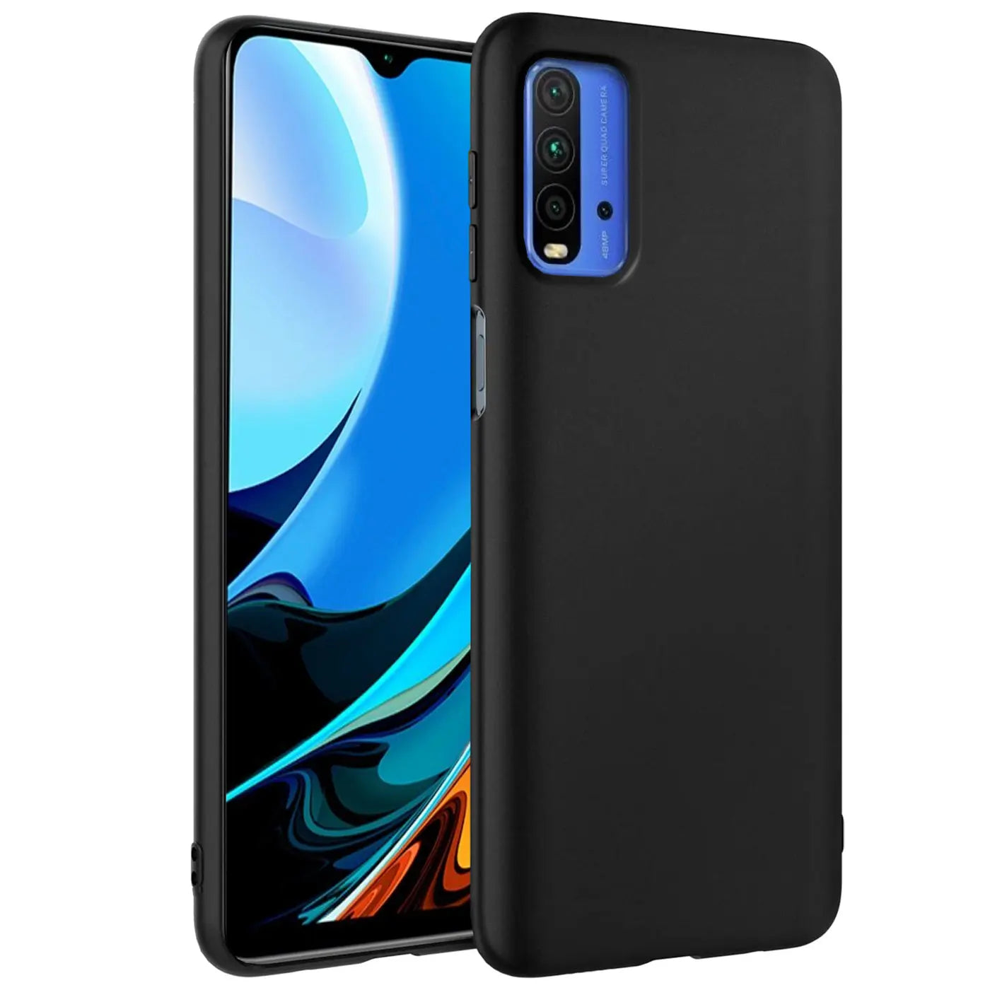 Schwarze matte Silikonhülle auf einem Xiaomi Redmi 9T, von schräg vorne gesehen.