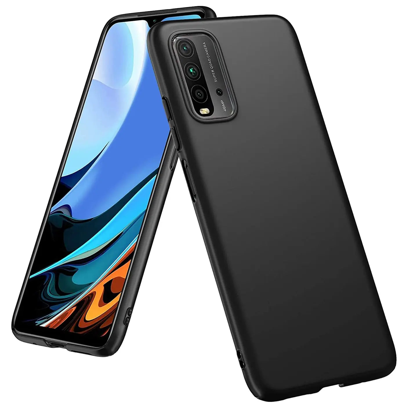 Schwarze matte Silikonhülle auf einem Xiaomi Redmi 9T, von schräg vorne.