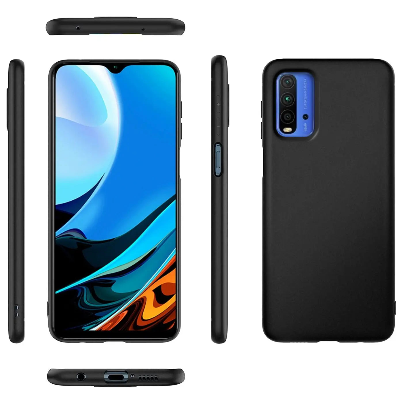 Schwarze Silikonhülle für Xiaomi Redmi 9T, verschiedene Ansichten, matt.