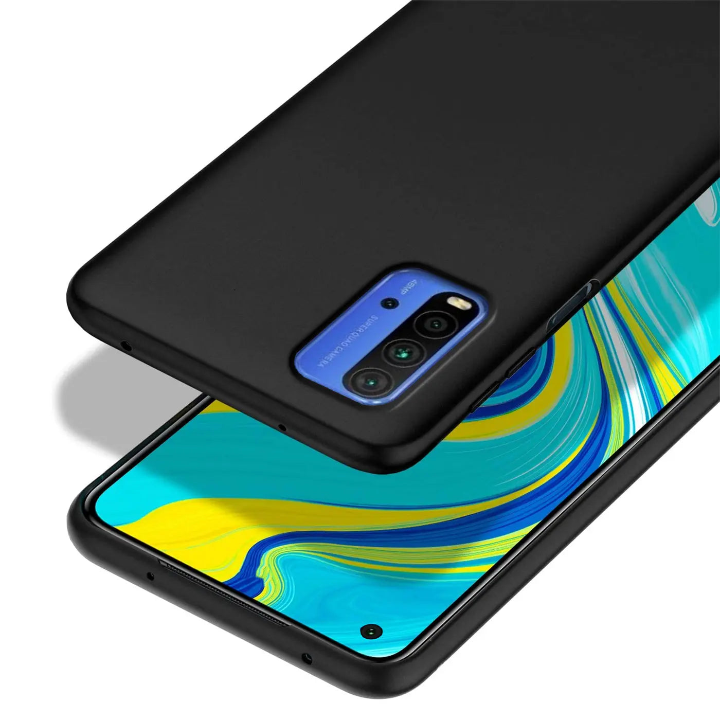 Schwarze Silikonhülle auf Xiaomi Redmi 9T, Rückseite mit Kamera, von oben