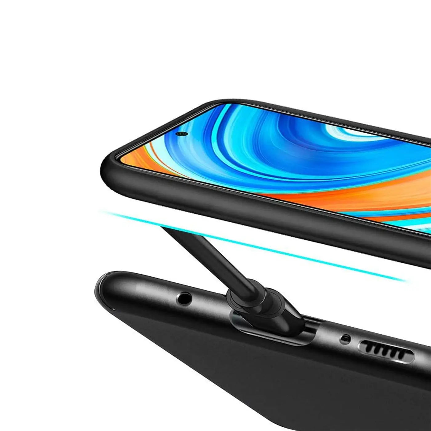 Schwarze Silikonhülle, Nahaufnahme, zeigt Ladeanschluss eines Xiaomi Redmi 9T