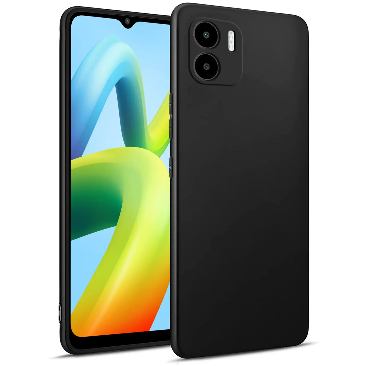 Schwarze, matte Silikonhülle für Xiaomi Redmi A1, von hinten und leicht schräg.