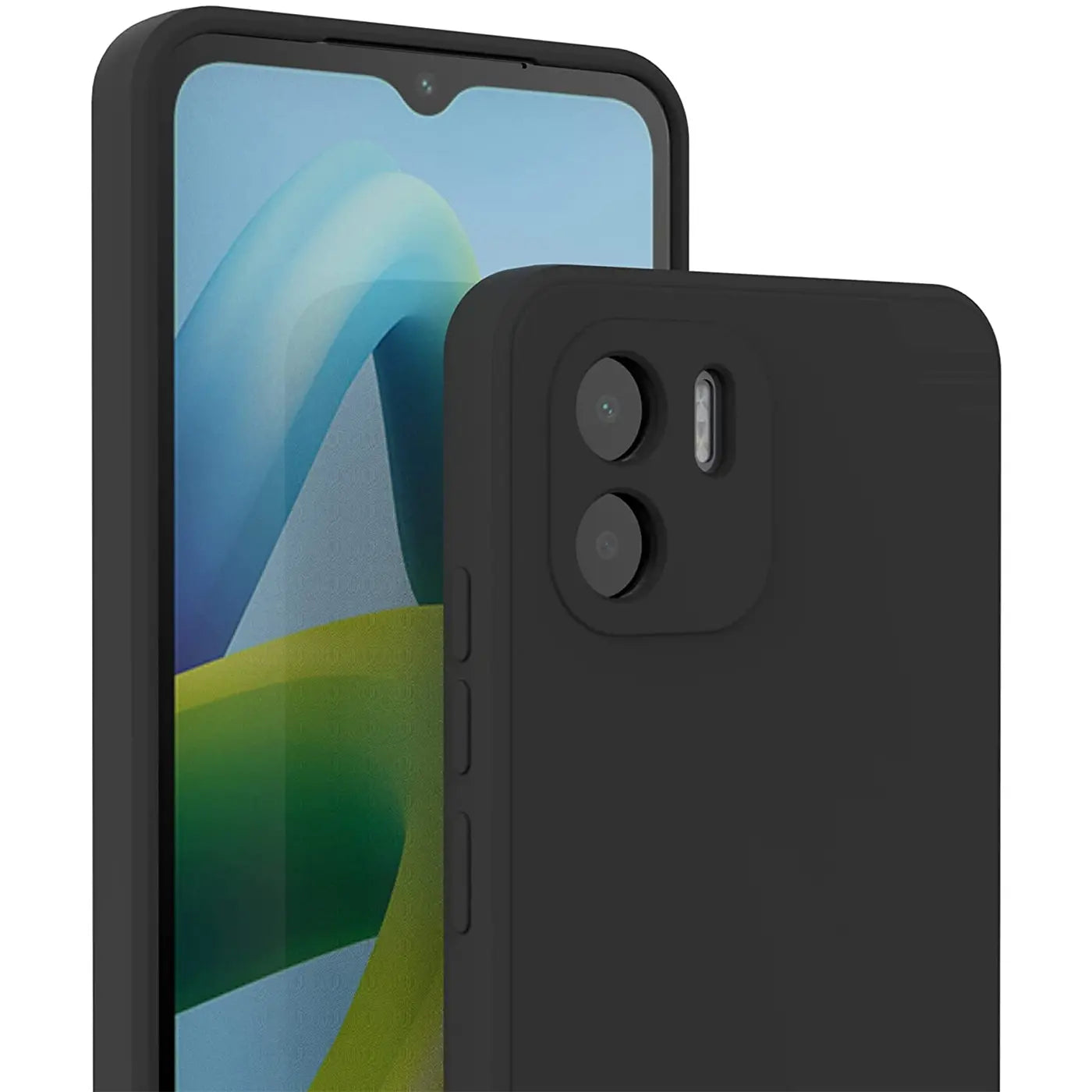 Schwarze Silikonhülle, matt, von hinten/seitlich, zeigt Xiaomi Redmi A1