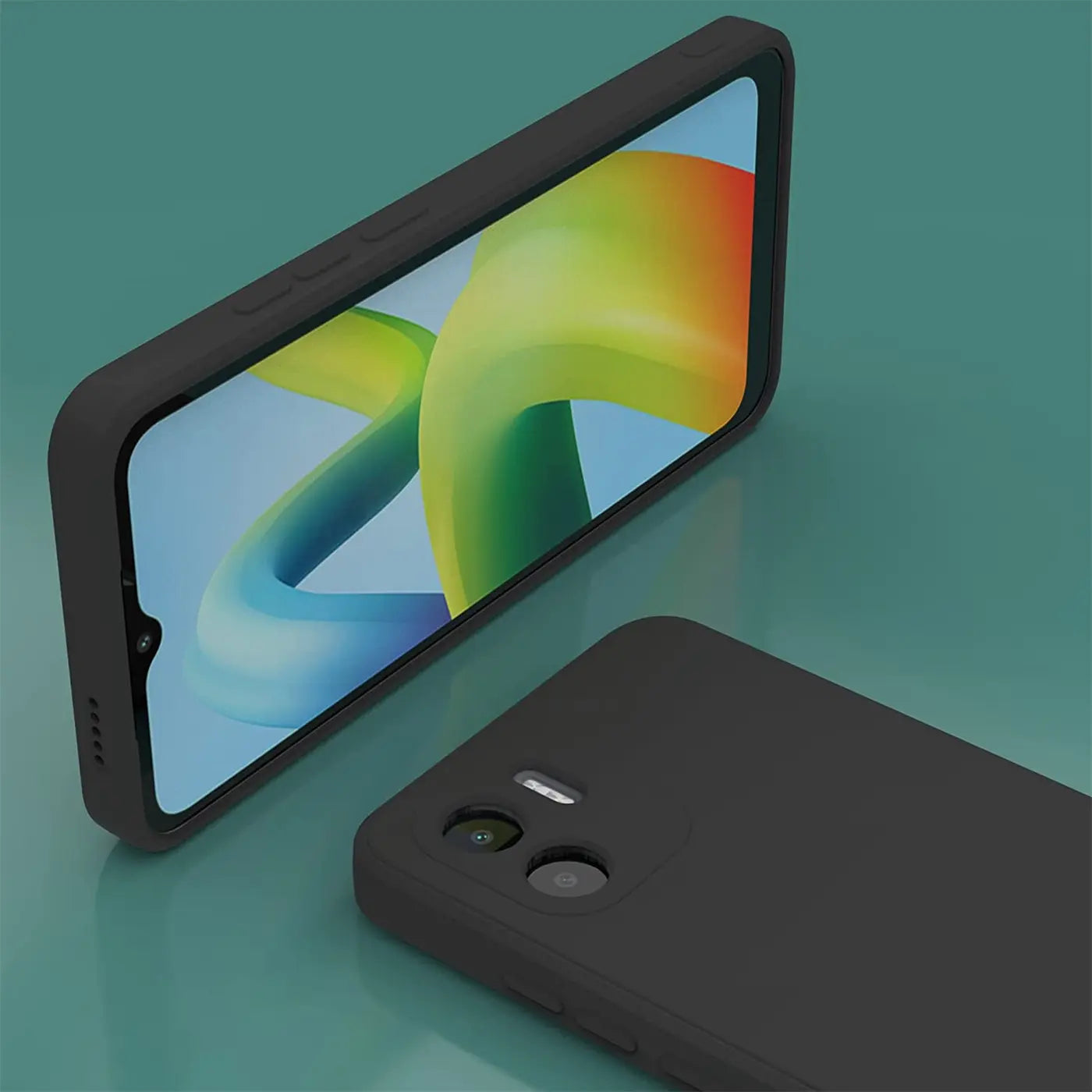 Schwarze, matte Silikonhülle für Xiaomi Redmi A1, aus der Draufsicht, zeigt Rückseite und Bildschirm.