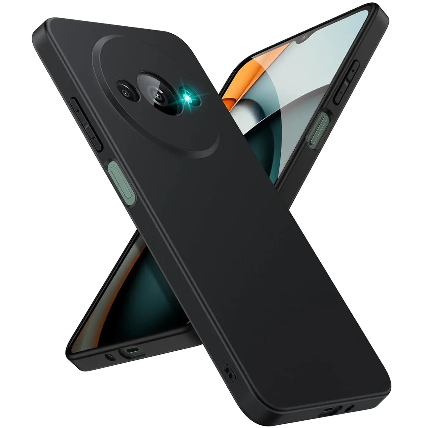 Schwarze Silikonhülle matt, Rückansicht, Xiaomi Redmi A3 mit Kameraaussparung.