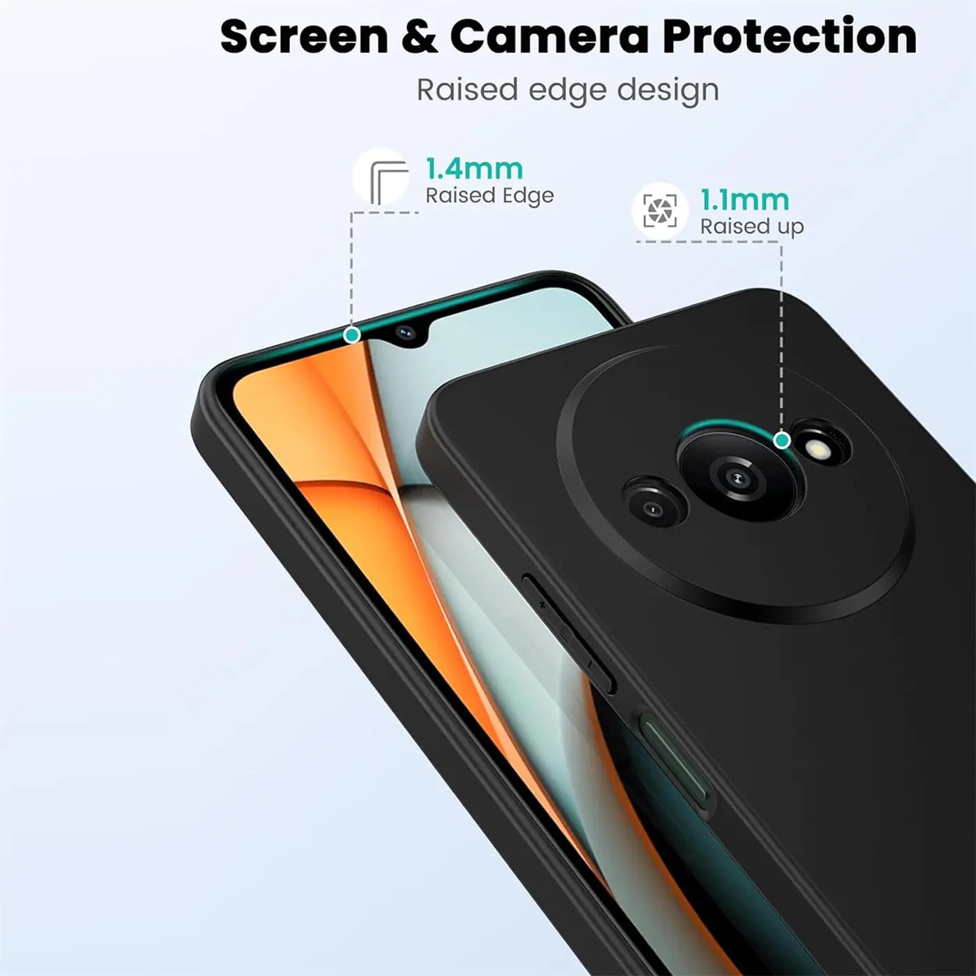 Schwarze Silikonhülle auf Xiaomi Redmi A3, Rückansicht, Nahaufnahme