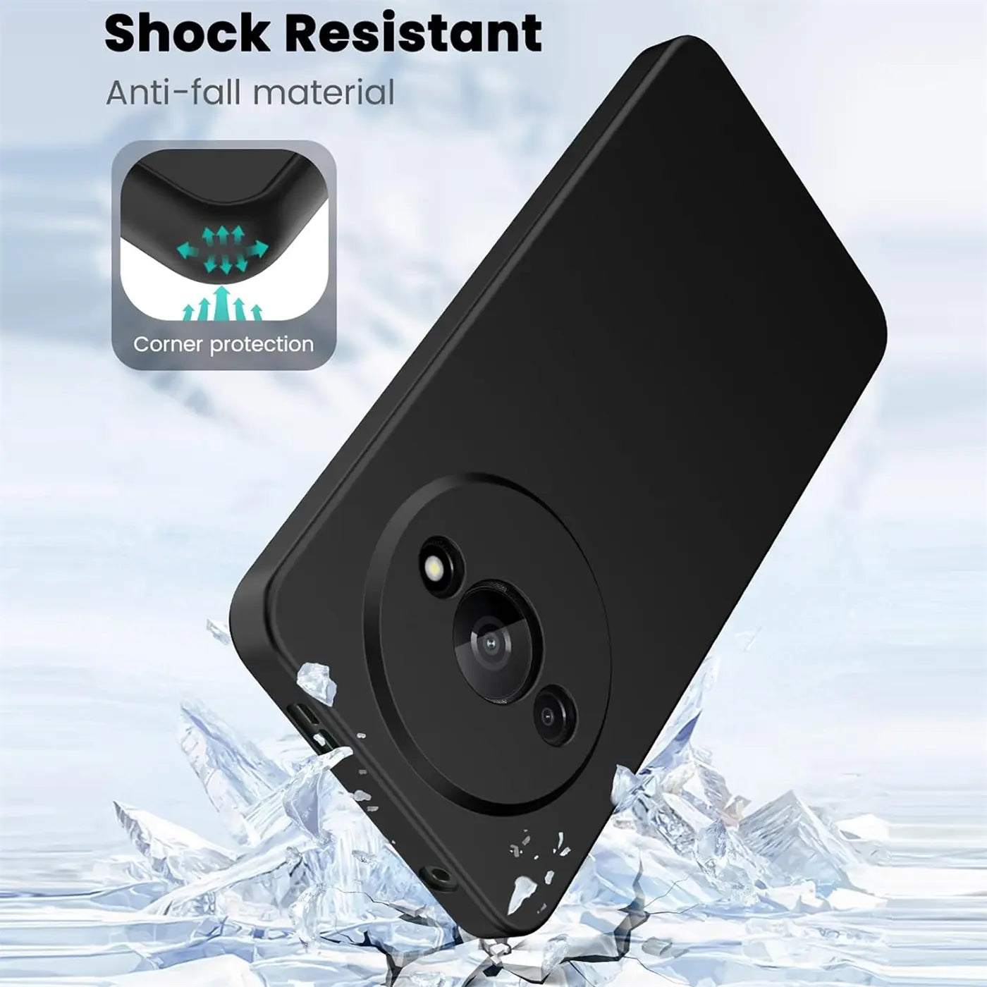 Schwarze Silikonhülle für Xiaomi Redmi A3, von schräg oben, mit Kamera-Aussparung.