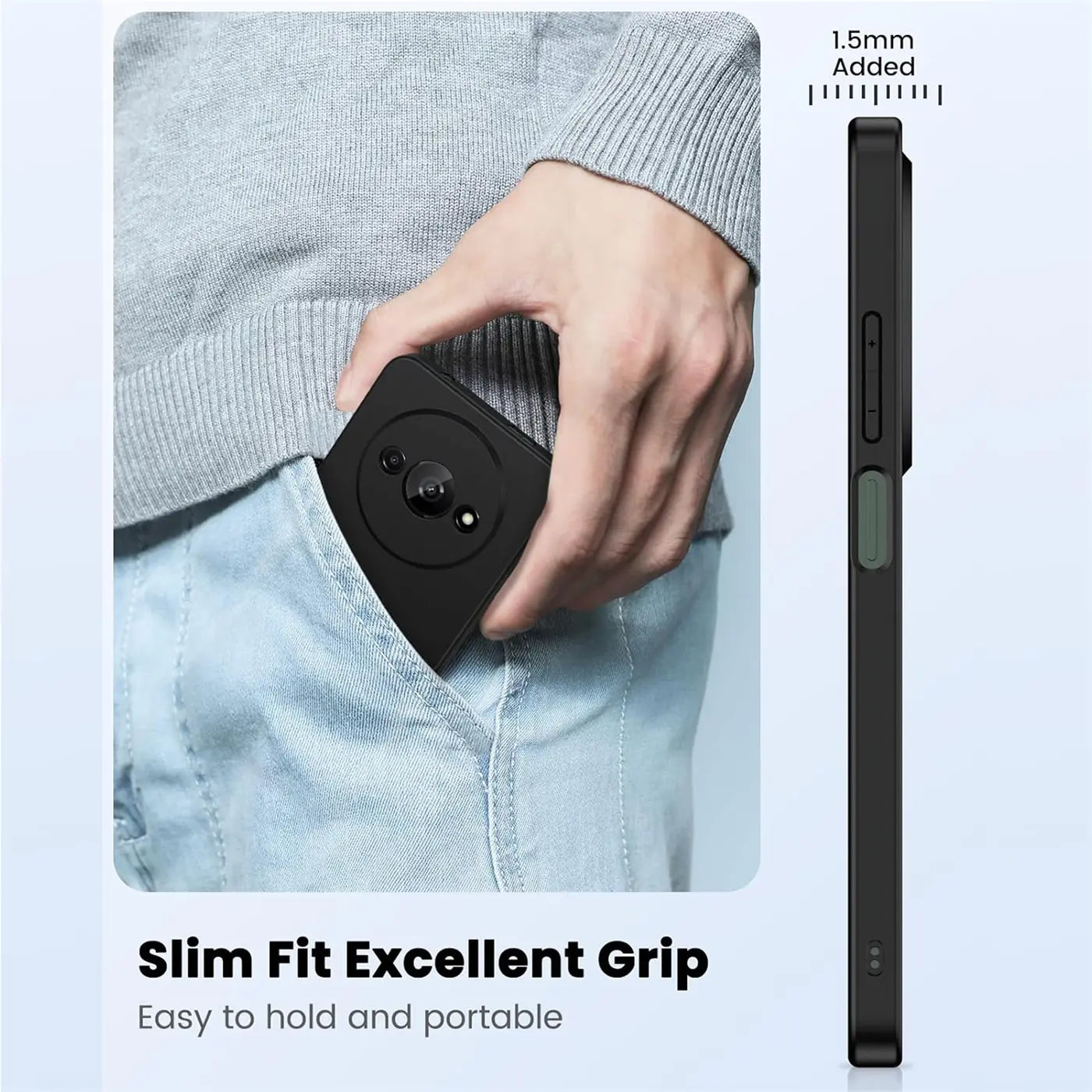 Schwarze, matte Silikonhülle für Xiaomi Redmi A3, von vorne und Seite gezeigt, 1,5mm dick