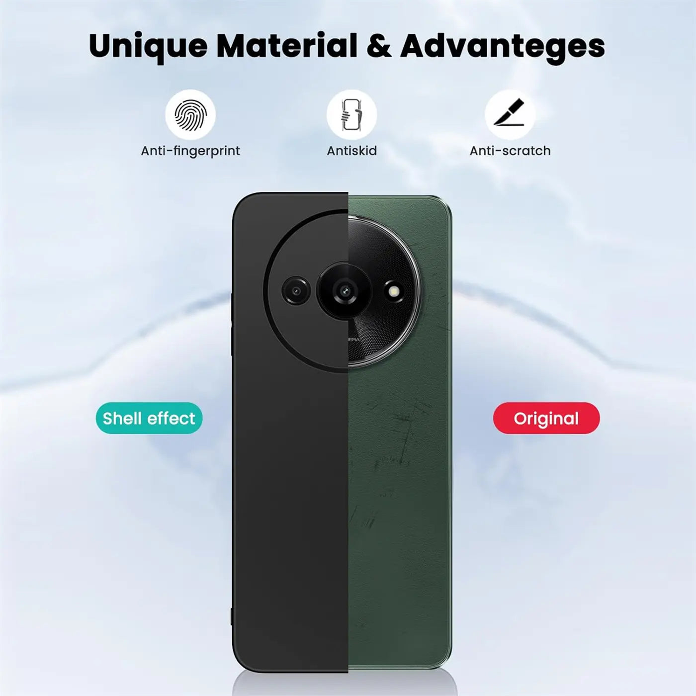 Rückseite eines Smartphones, geteilt in schwarz matt und grün, mit Kamera.