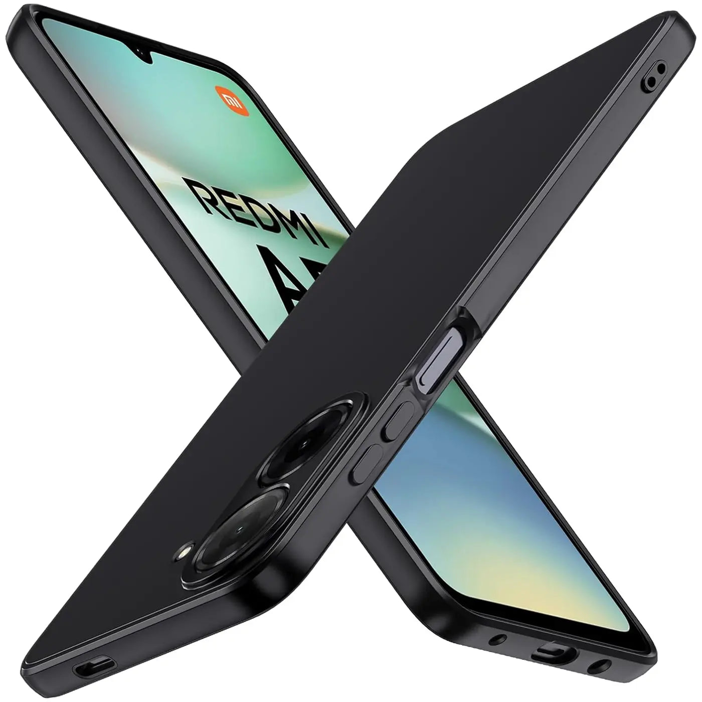 Schwarze matte Silikonhülle für Xiaomi Redmi A5, von schräg oben gesehen.